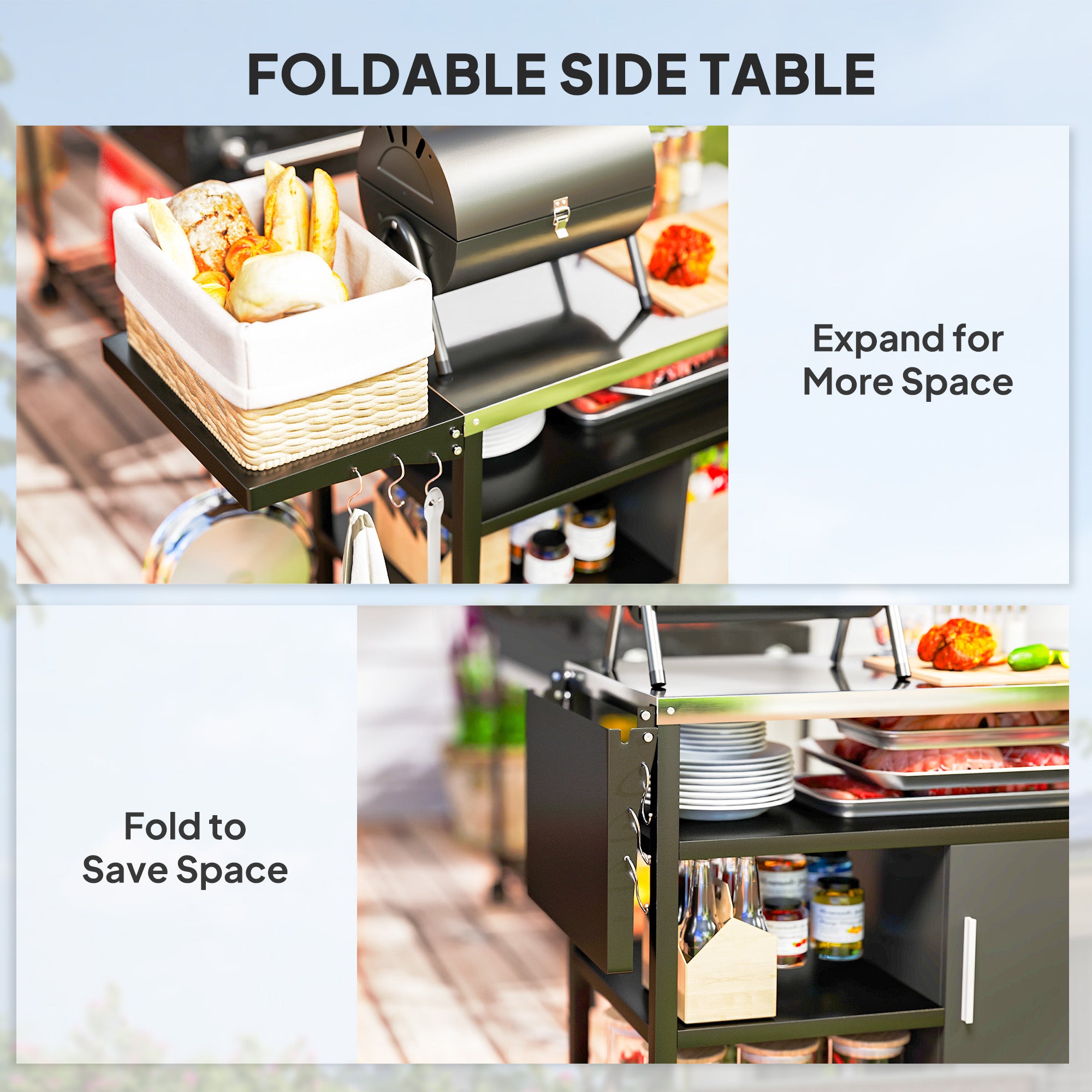 Outsunny Stainless Steel BBQ Grill Trolley with Folding Side Table