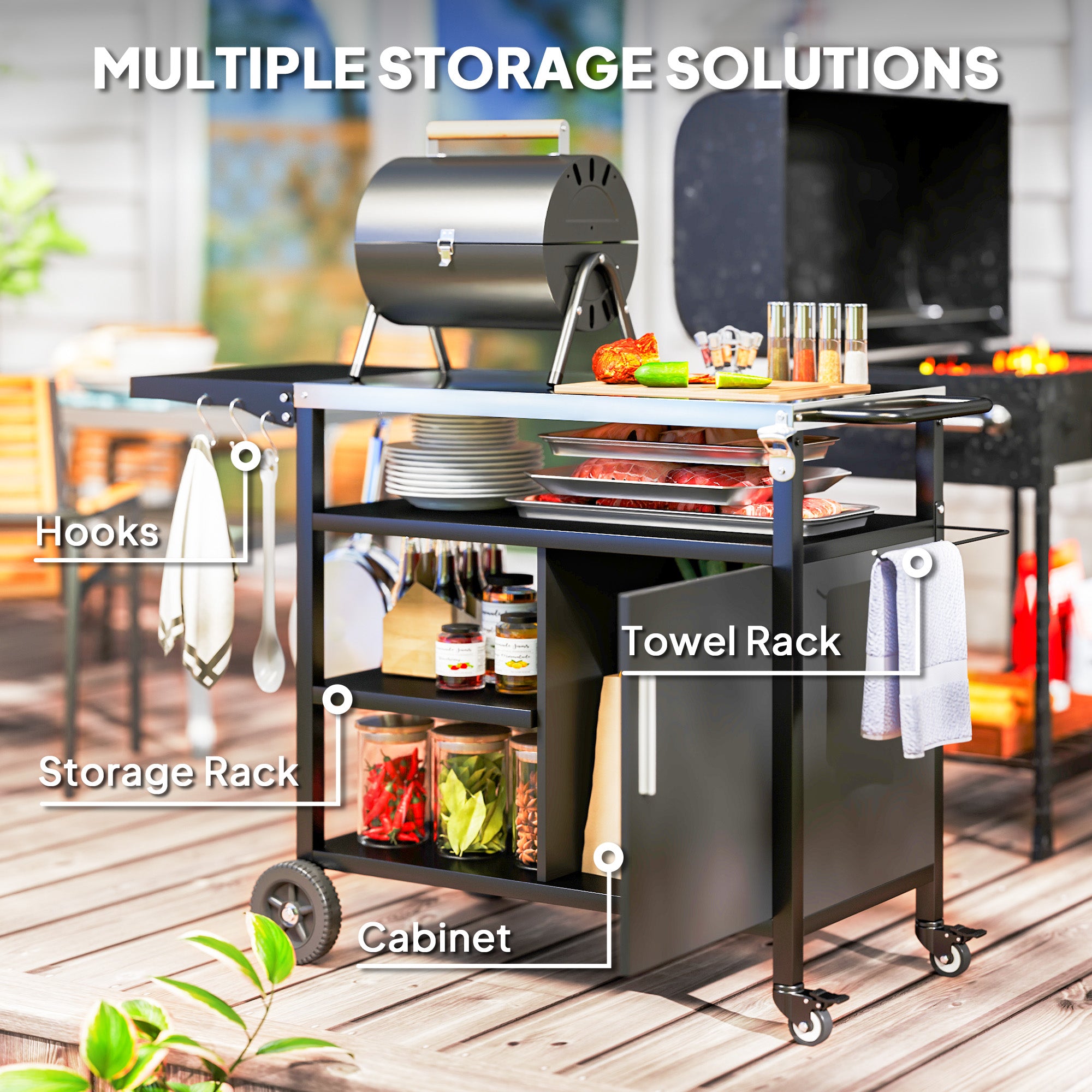 Outsunny Stainless Steel BBQ Grill Trolley with Folding Side Table
