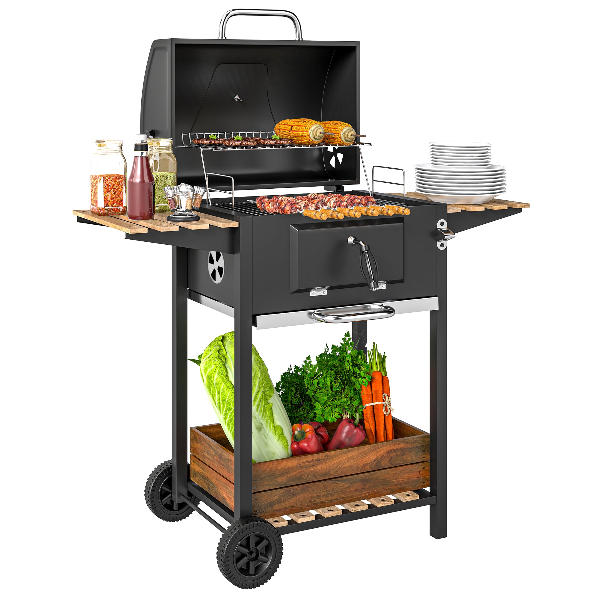 Outsunny Charcoal BBQ Grill with Warming Rack, Thermometer & 3 Shelves