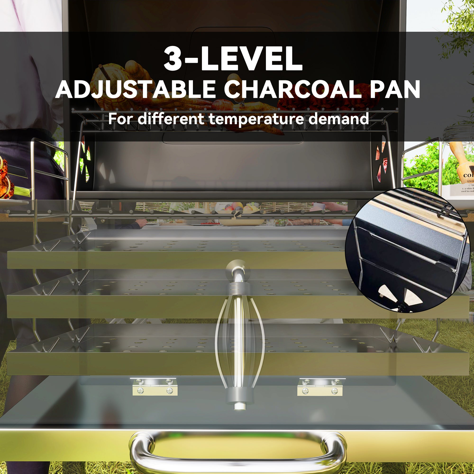 Outsunny Charcoal BBQ Grill with Warming Rack, Thermometer & 3 Shelves