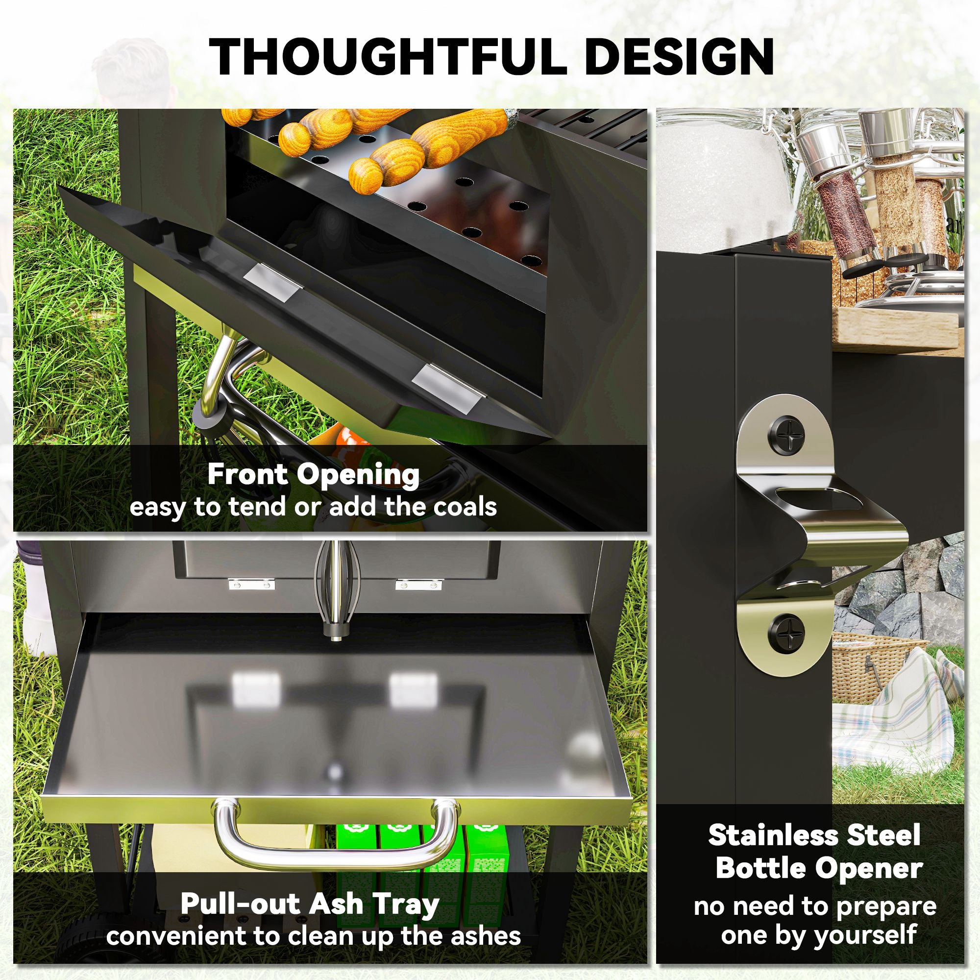 Outsunny Charcoal BBQ Grill with Warming Rack, Thermometer & 3 Shelves