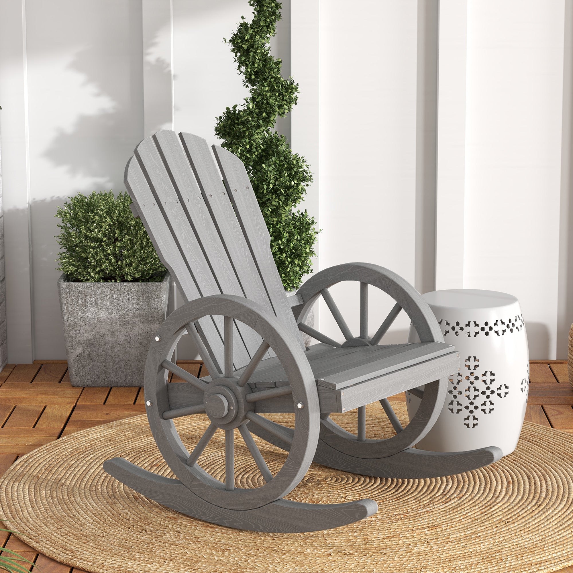 Outsunny Grey Fir Wood Adirondack Rocking Chair for Porch Garden