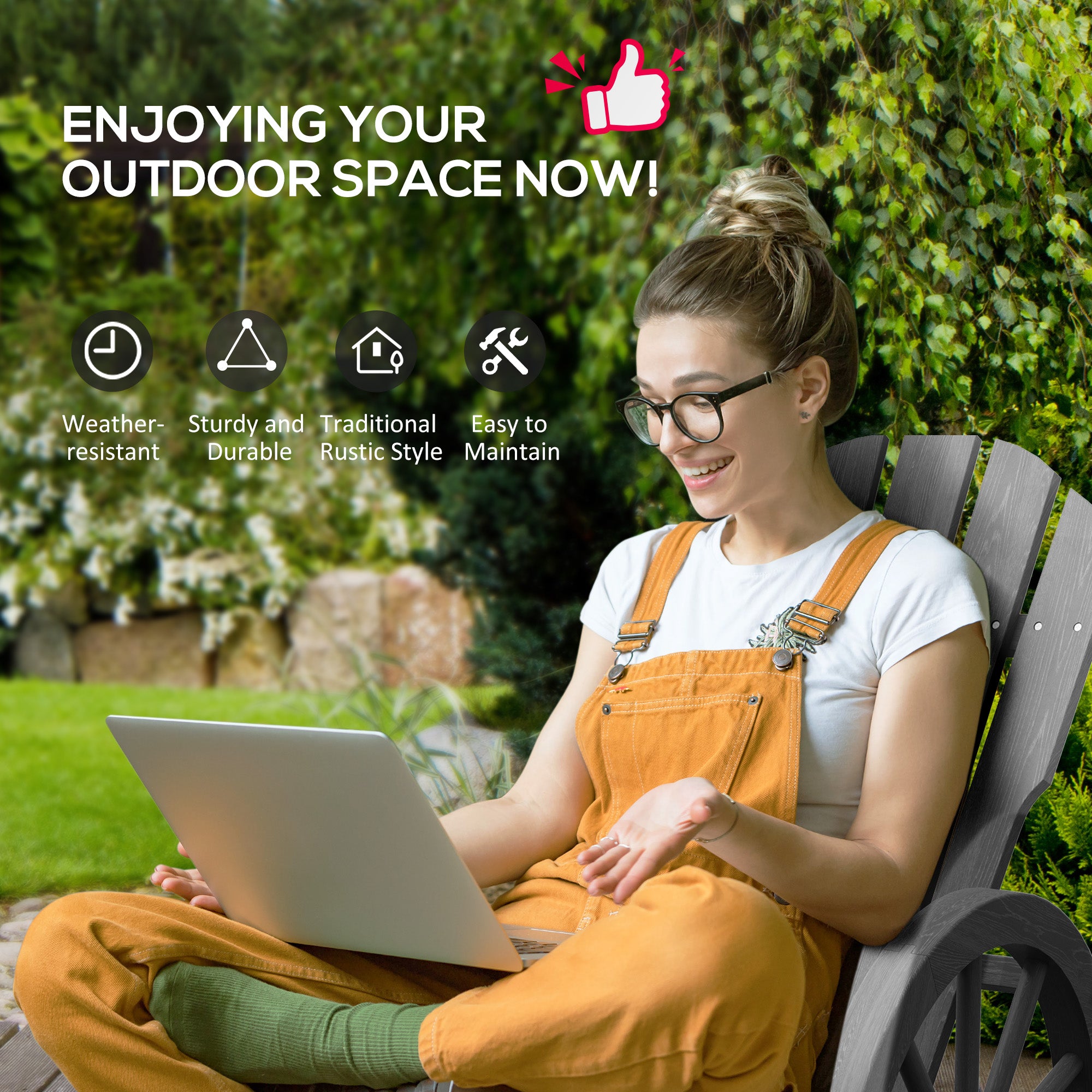 Outsunny Grey Fir Wood Adirondack Rocking Chair for Porch Garden
