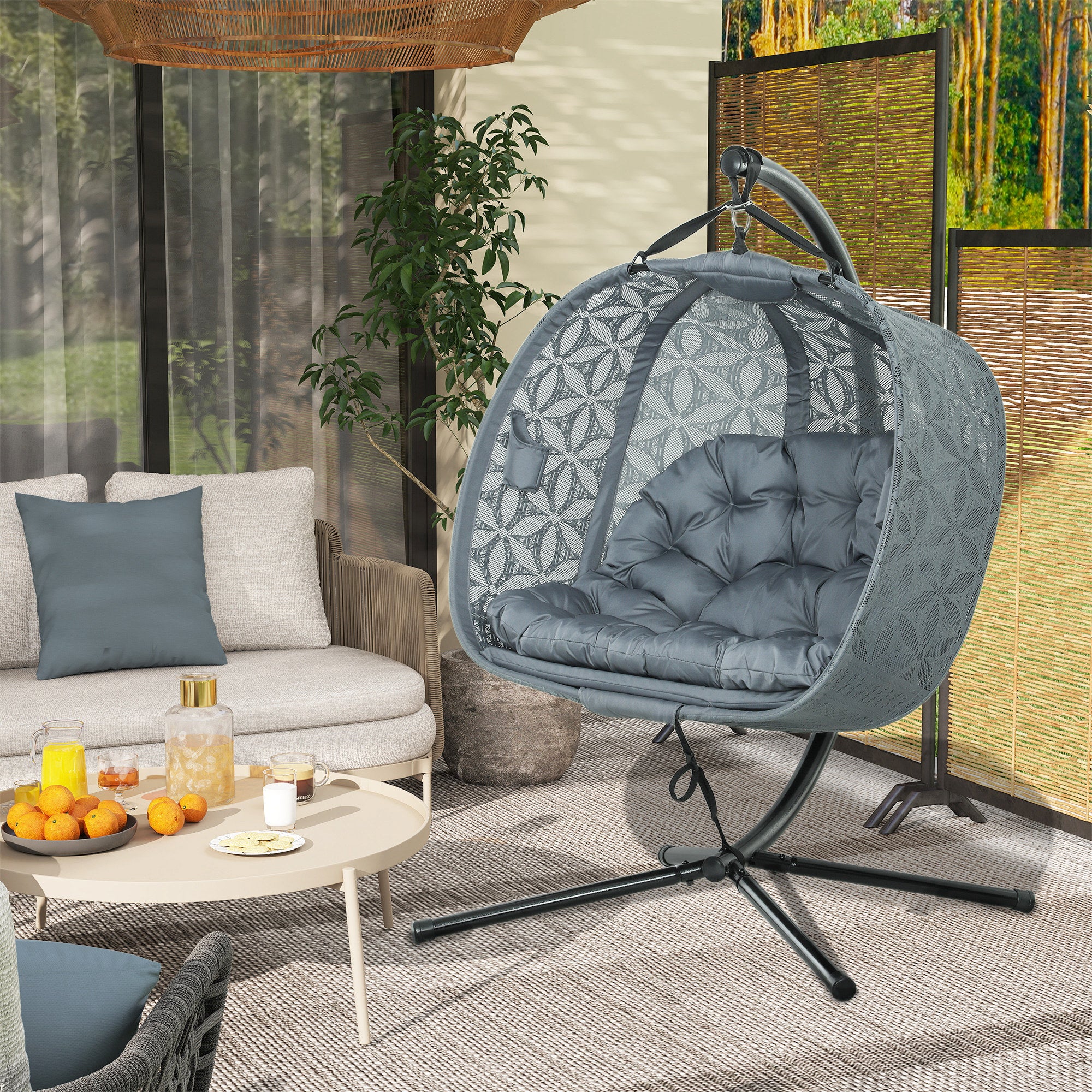 Outsunny Two-Seater Hanging Swing Chair with Stand and Cup Holders
