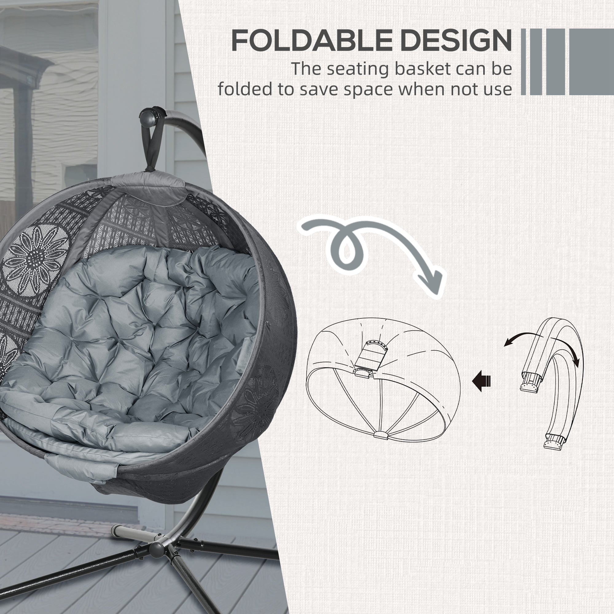 Outsunny Hanging Swing Chair with Metal Stand, Side Pocket, Grey