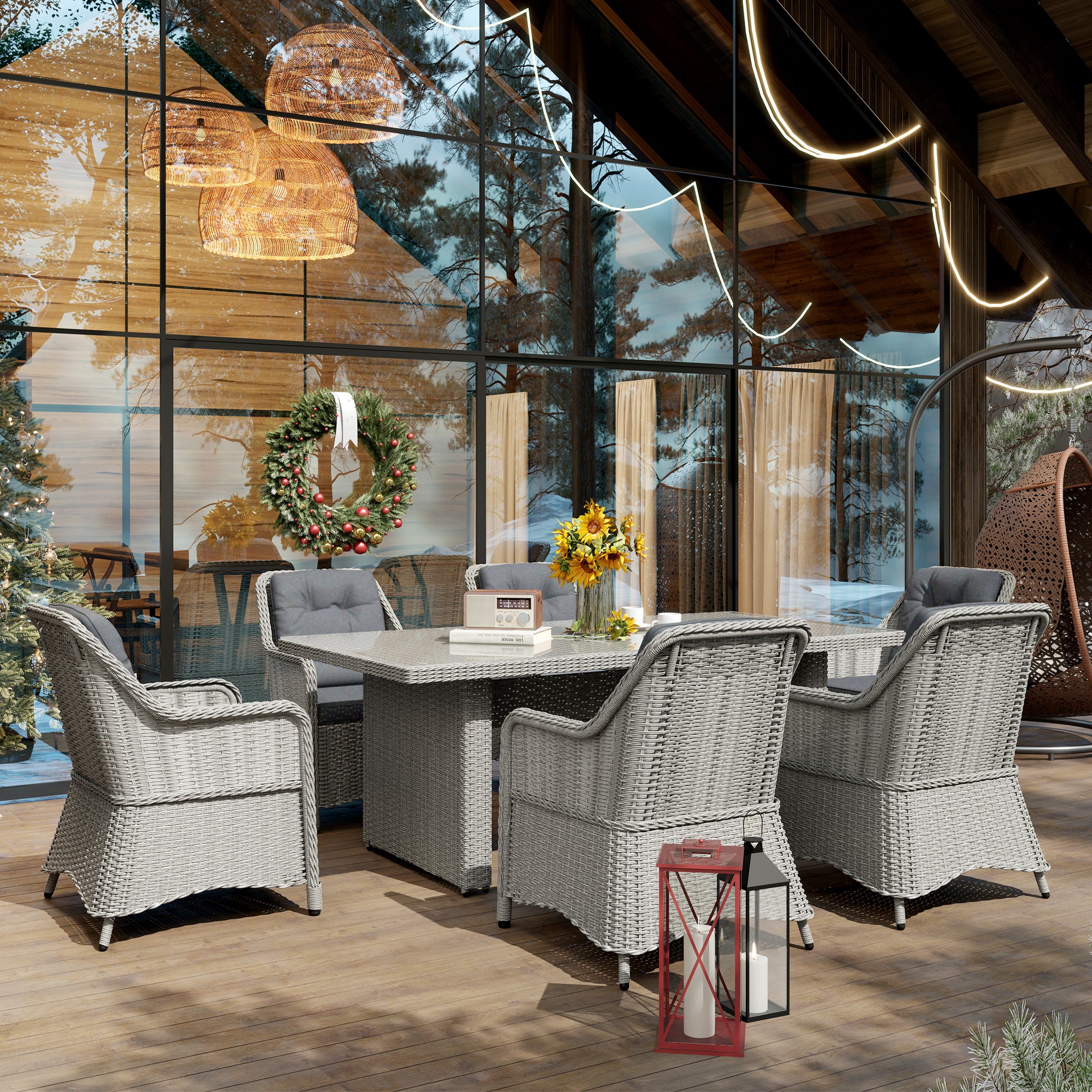 Outsunny 6 Seater Outdoor Rattan Dining Set with Glass Table, Cushions, Grey