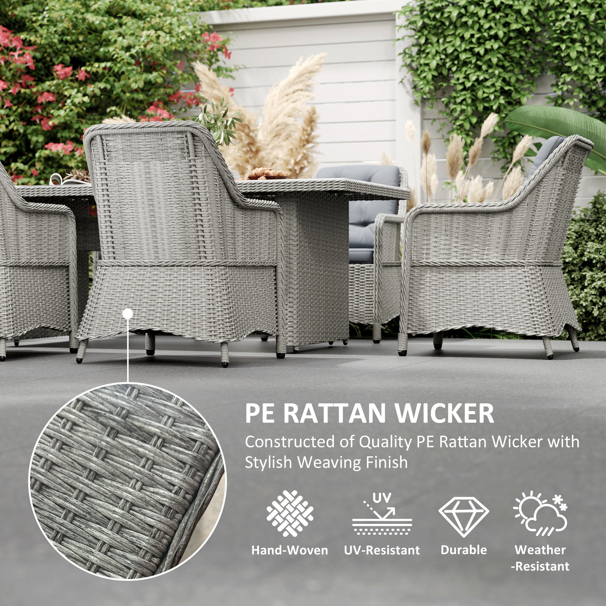 Outsunny 6 Seater Outdoor Rattan Dining Set with Glass Table, Cushions, Grey