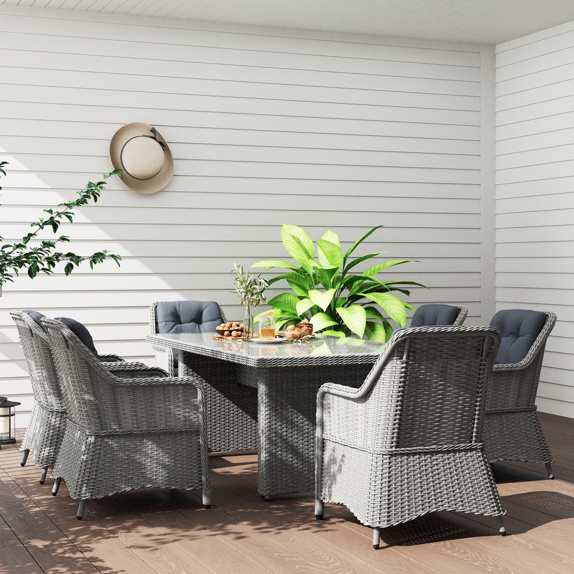 Outsunny 6 Seater Outdoor Rattan Dining Set with Glass Table, Cushions, Grey