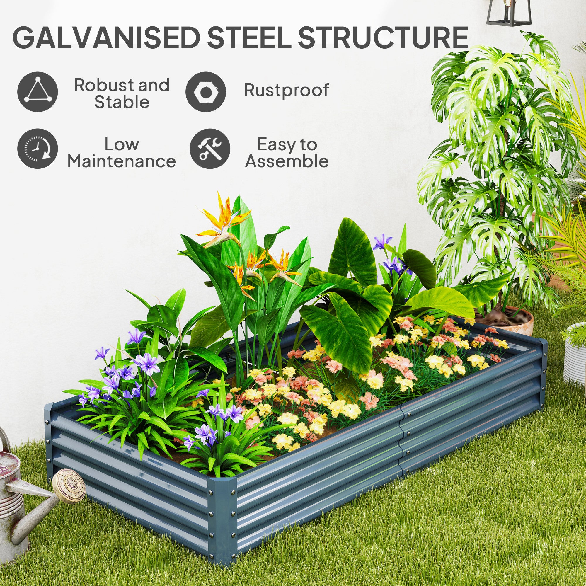 Outsunny Galvanised Steel Raised Garden Bed 180 x 90 x 30cm Silver