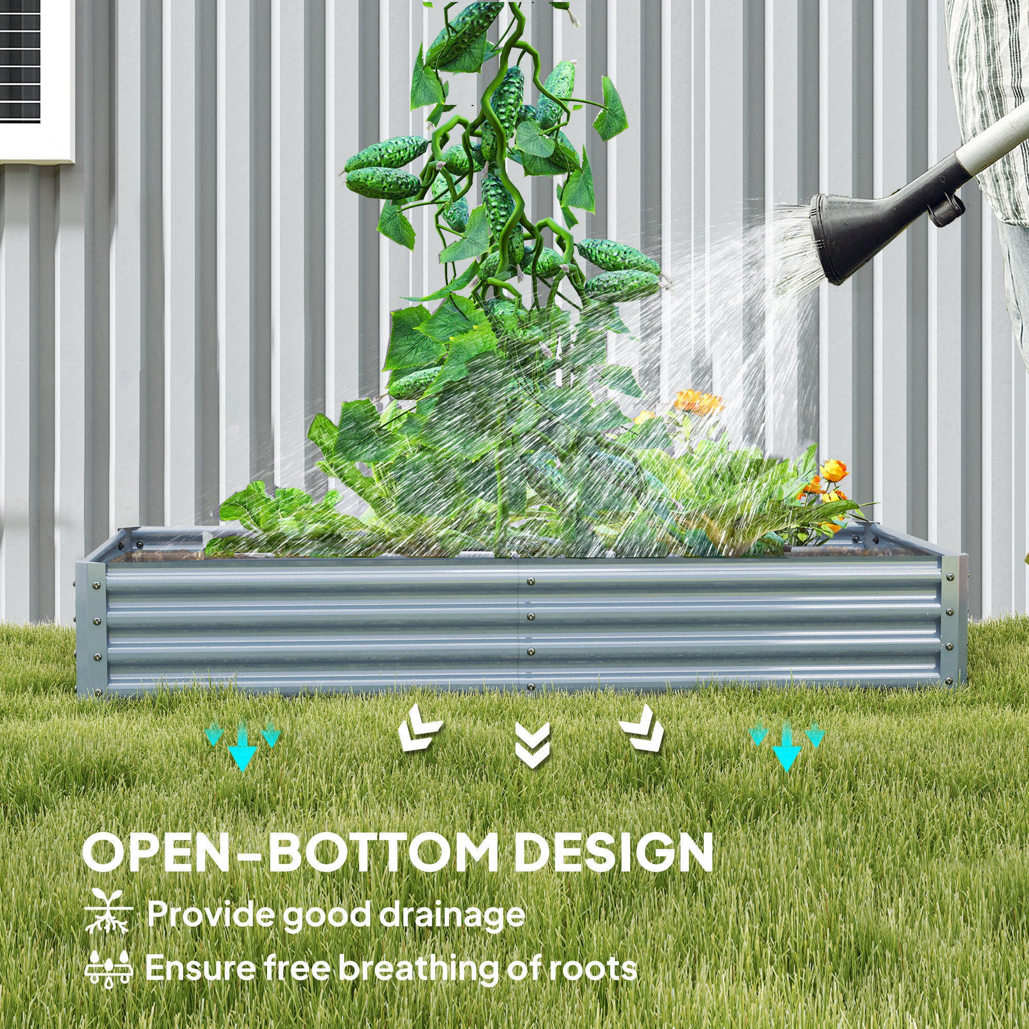 Outsunny Galvanised Steel Raised Garden Bed 180 x 90 x 30cm Silver