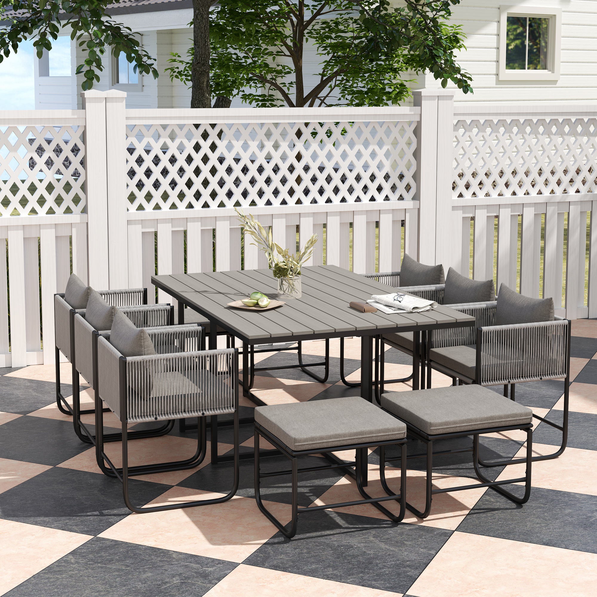 Outsunny Grey Rattan Garden Dining Set with Space-Saving Design
