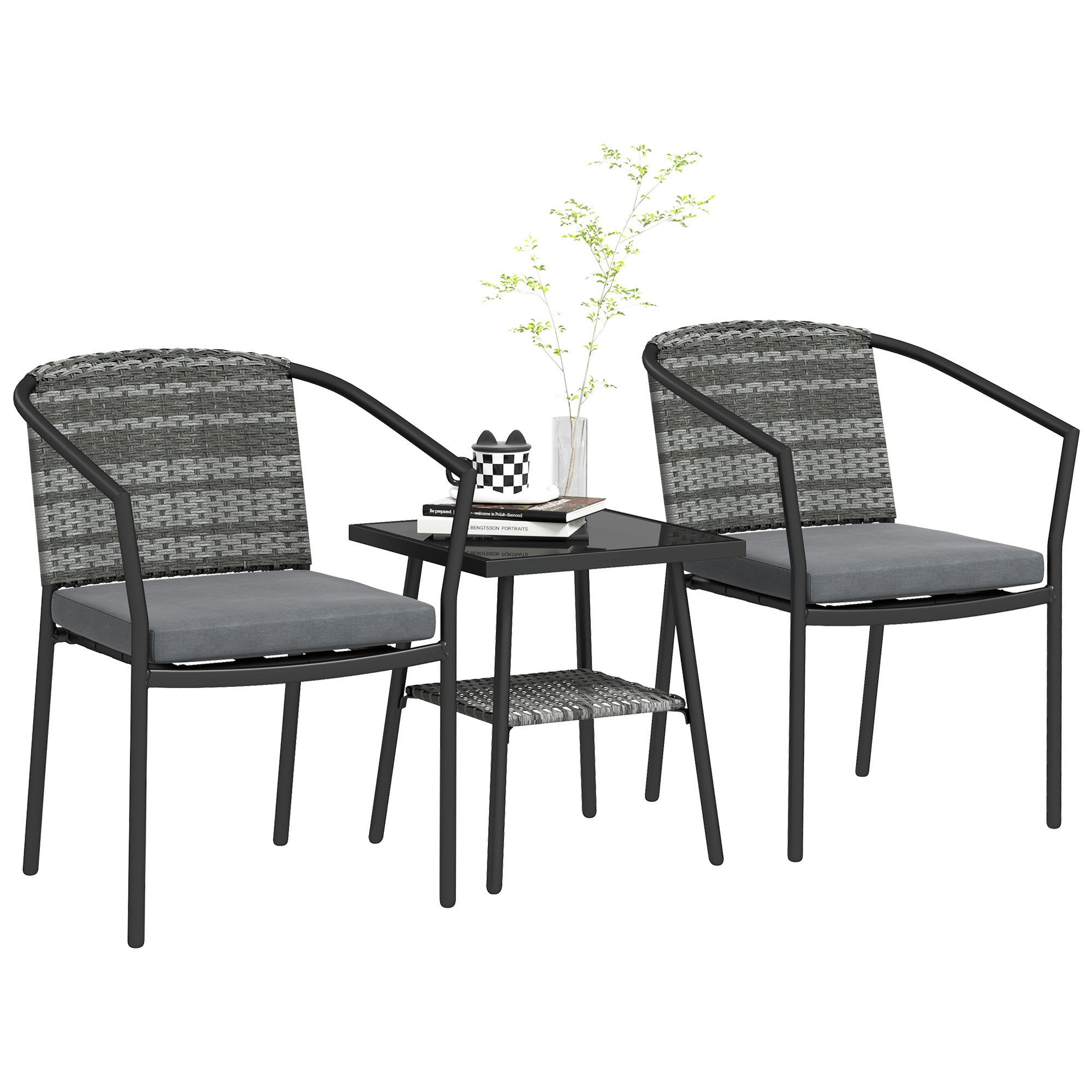 Outsunny 3-Piece Grey Rattan Bistro Set with Cushions and Glass Table