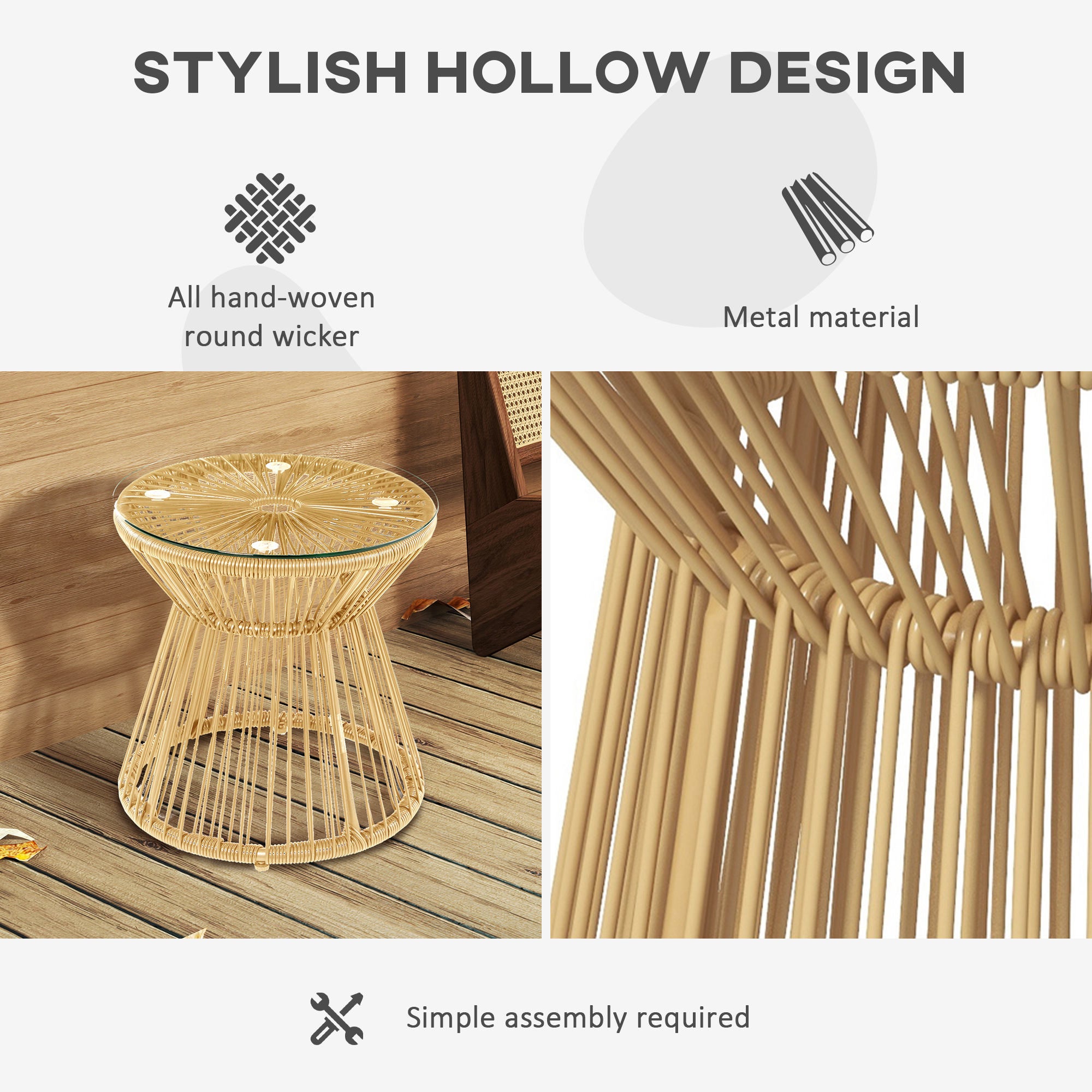 Outsunny Round PE Rattan Side Table with Glass Top, Natural