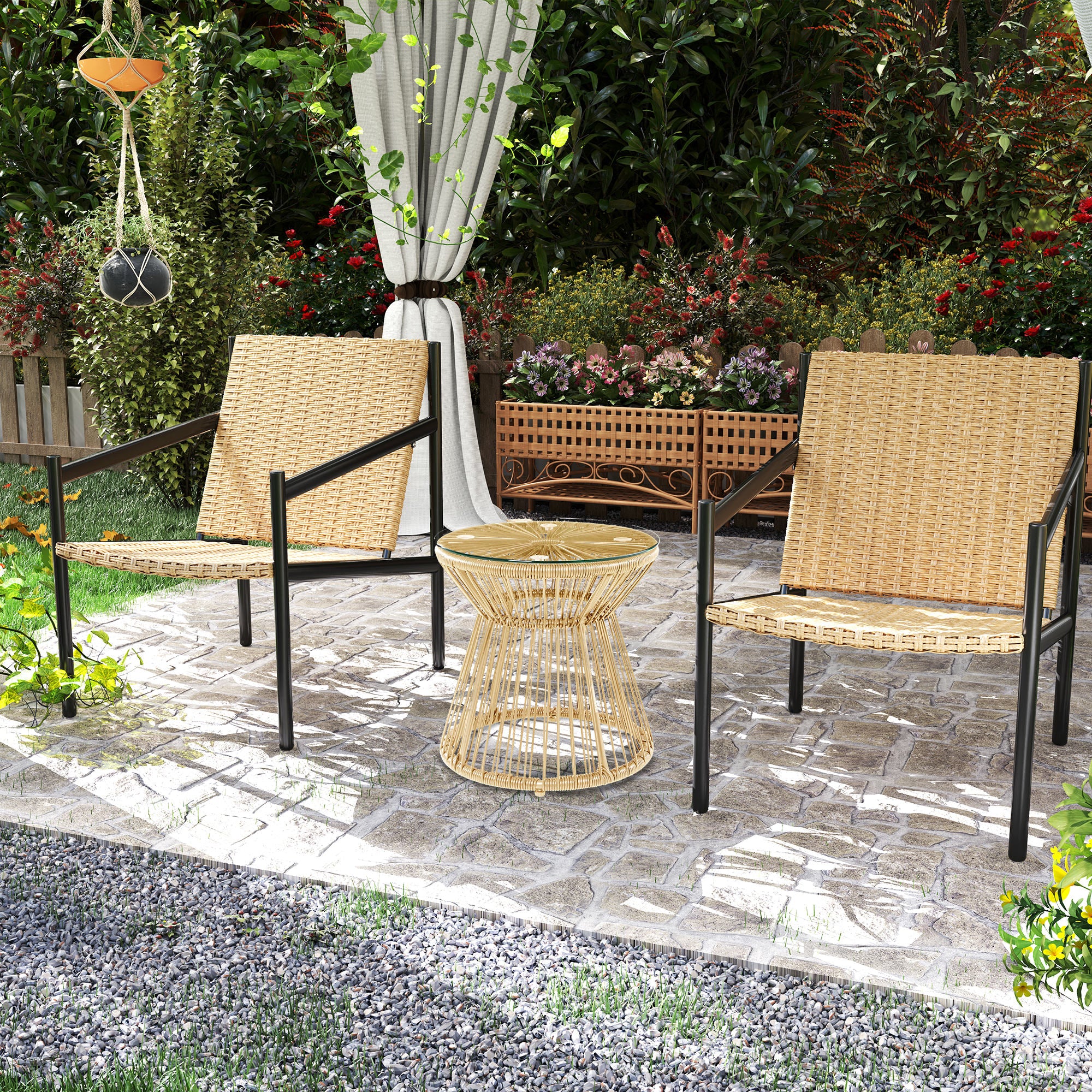 Outsunny Round PE Rattan Side Table with Glass Top, Natural