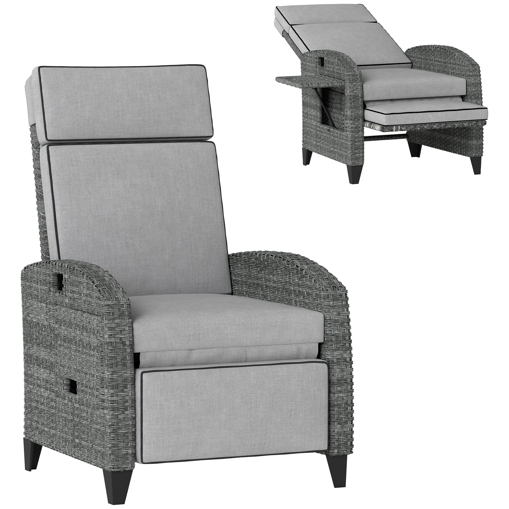 Outsunny Outdoor Rattan Recliner Chair with Cushion and Side Tray