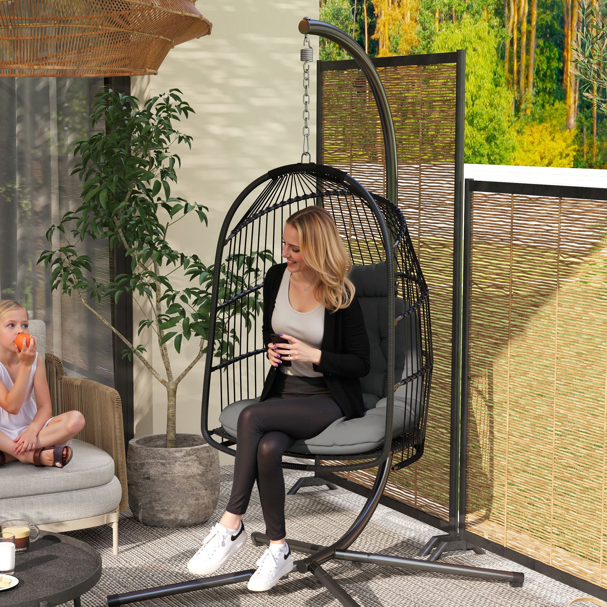 Outsunny Rattan Egg Hanging Chair with Installation Kit, Indoor Outdoor Swing Chair