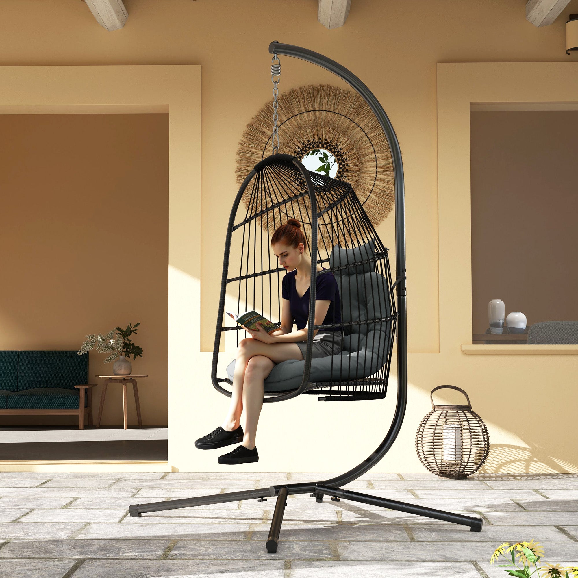 Outsunny Rattan Egg Hanging Chair with Installation Kit, Indoor Outdoor Swing Chair