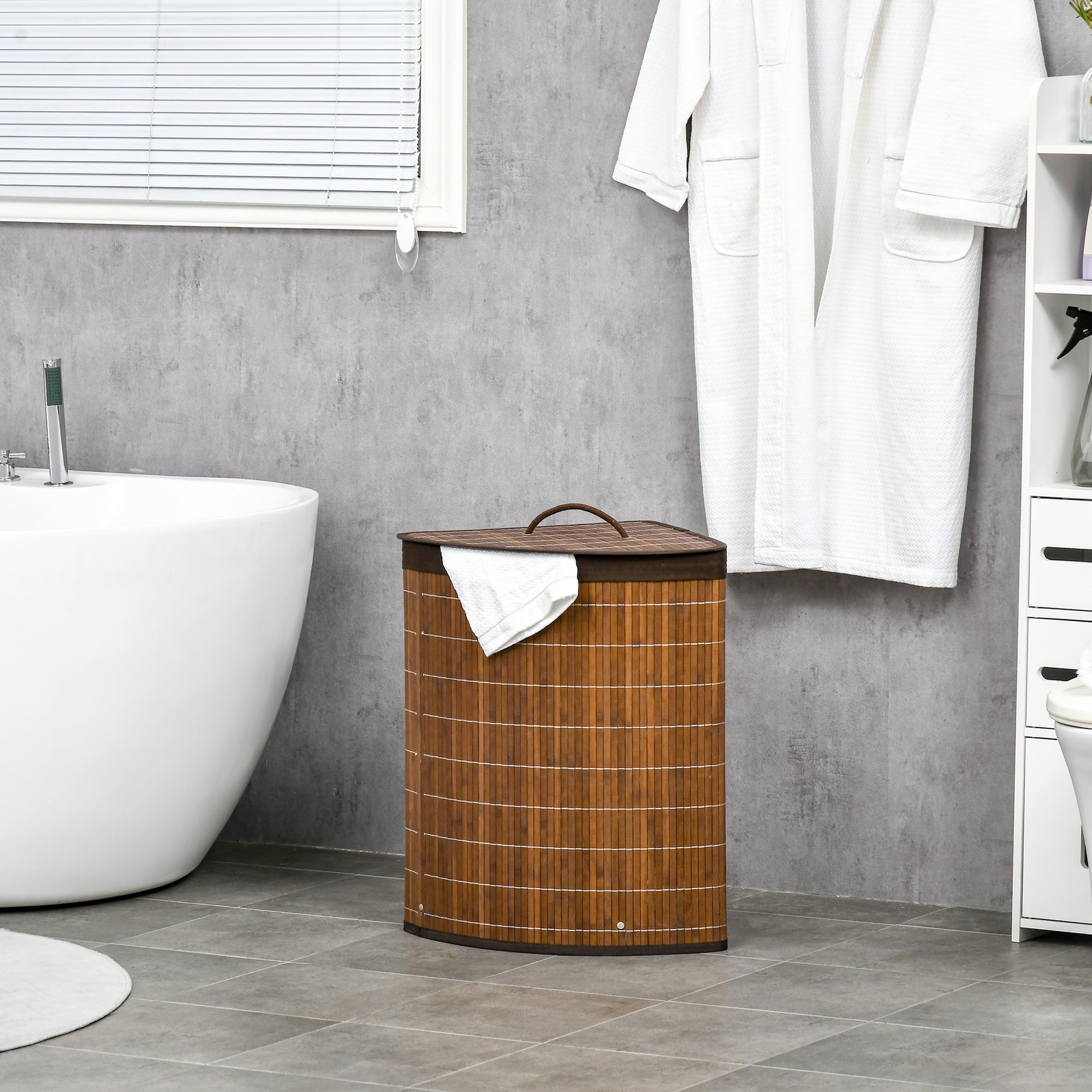 HOMCOM 55L Bamboo Corner Laundry Hamper with Lid, Brown