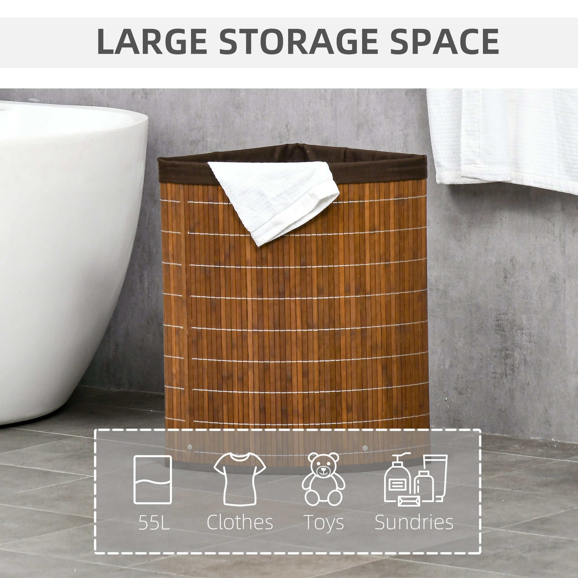 HOMCOM 55L Bamboo Corner Laundry Hamper with Lid, Brown