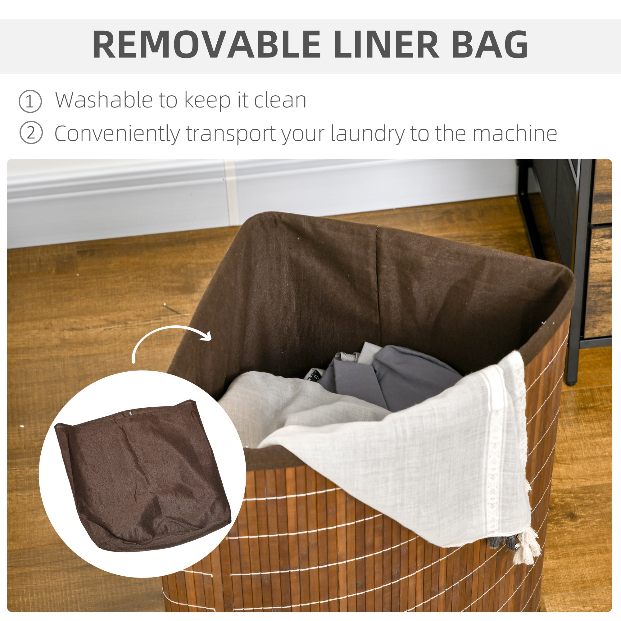 HOMCOM 55L Bamboo Corner Laundry Hamper with Lid, Brown