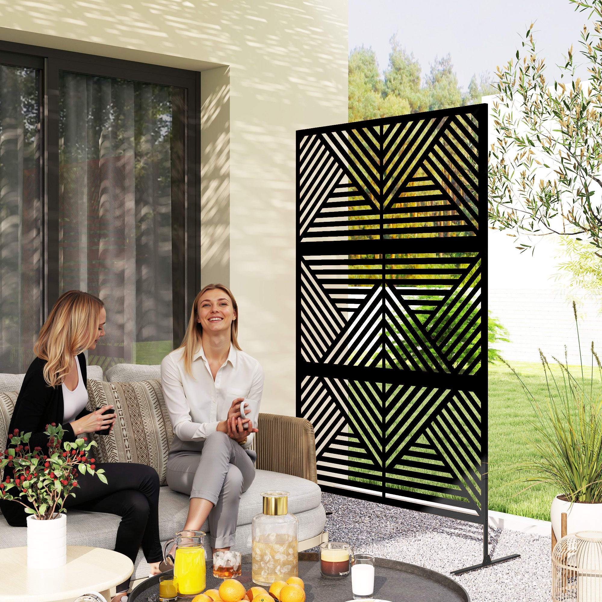 Outsunny Rhombus Black Steel Outdoor Divider Screen with Stand
