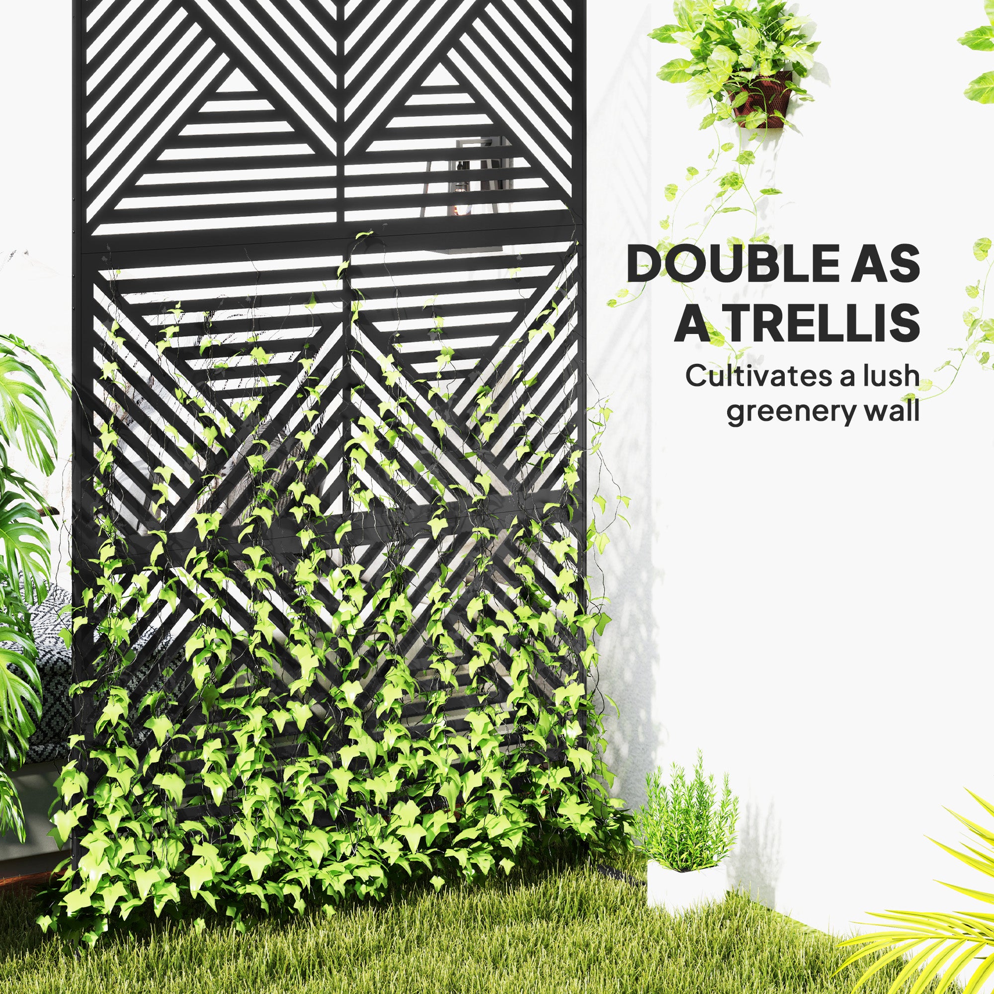 Outsunny Rhombus Black Steel Outdoor Divider Screen with Stand