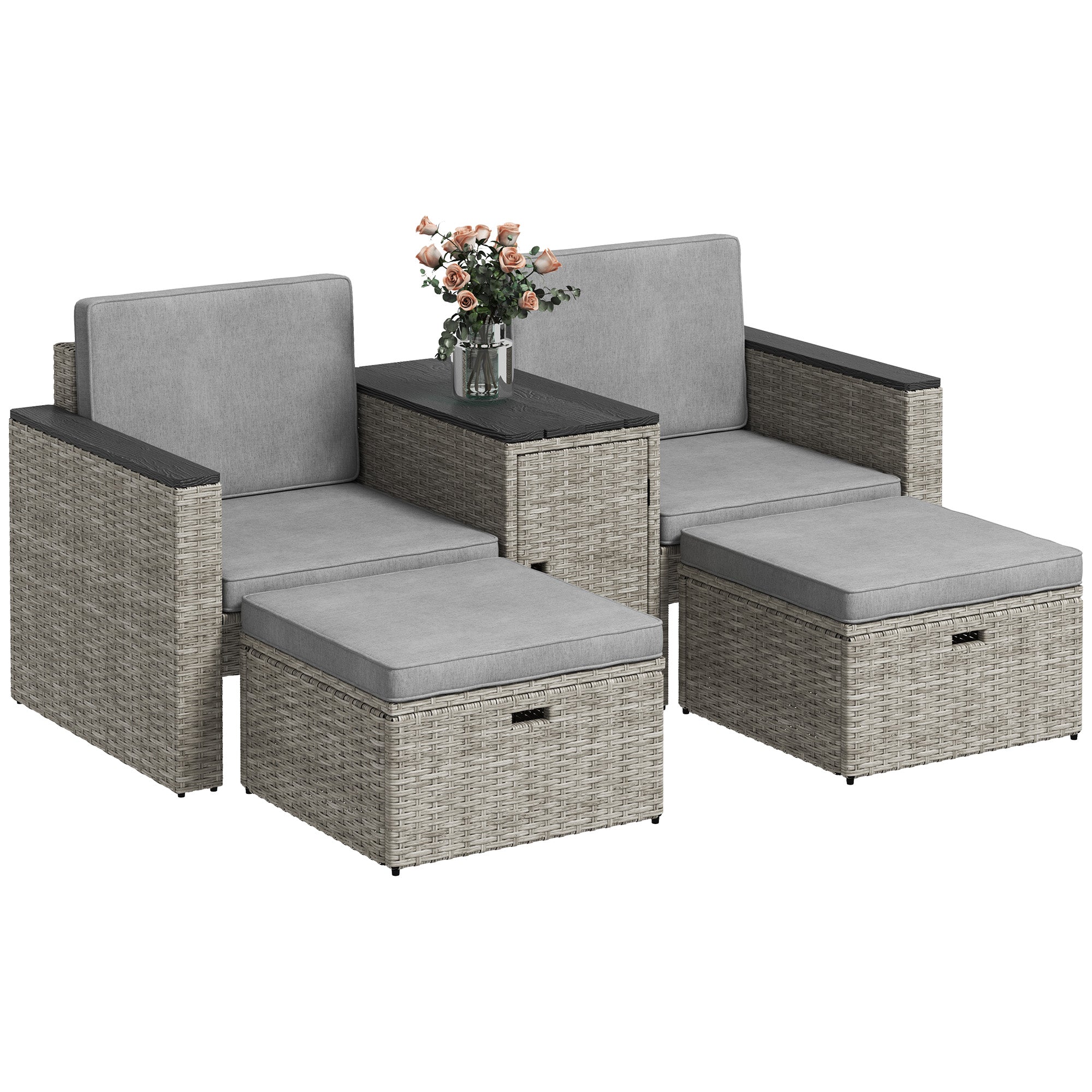Outsunny 5 Piece Rattan Garden Furniture Set with Storage Table, Grey