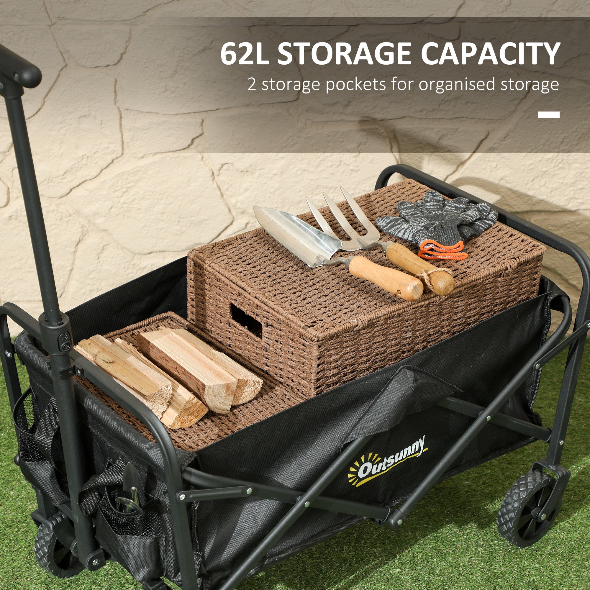 Outsunny 62L Folding Festival Trolley Cart, 120kg Capacity, Black