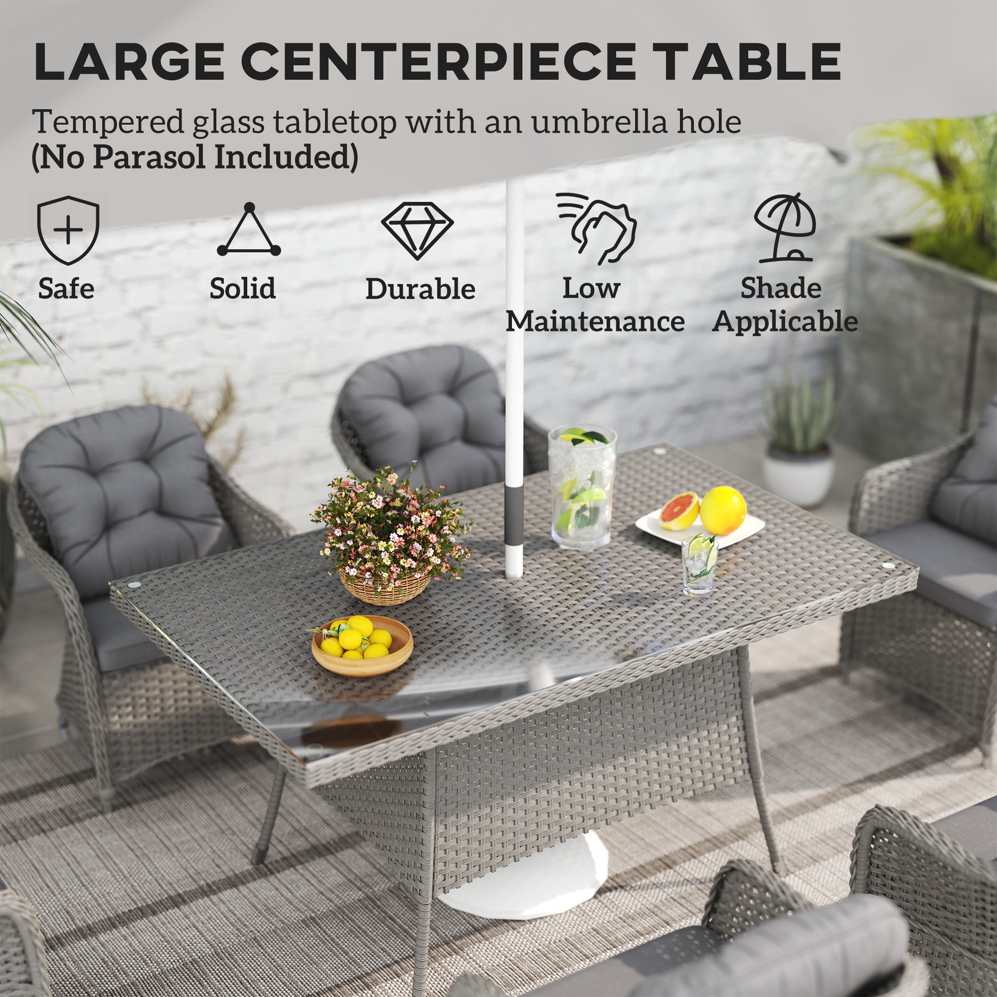 Outsunny 6-Seater Garden Dining Set with Cushions, Glass Table