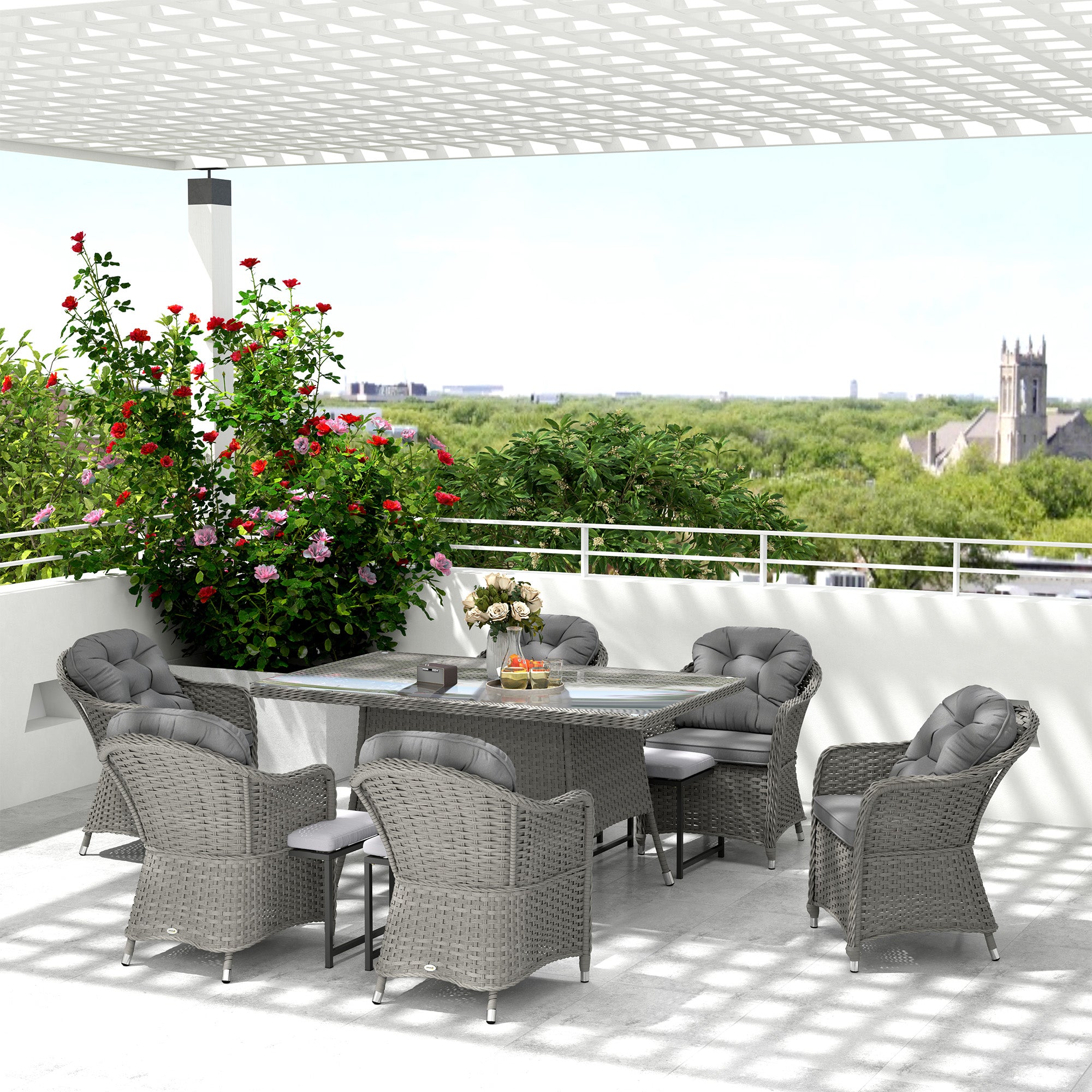 Outsunny 6-Seater Garden Dining Set with Cushions, Glass Table
