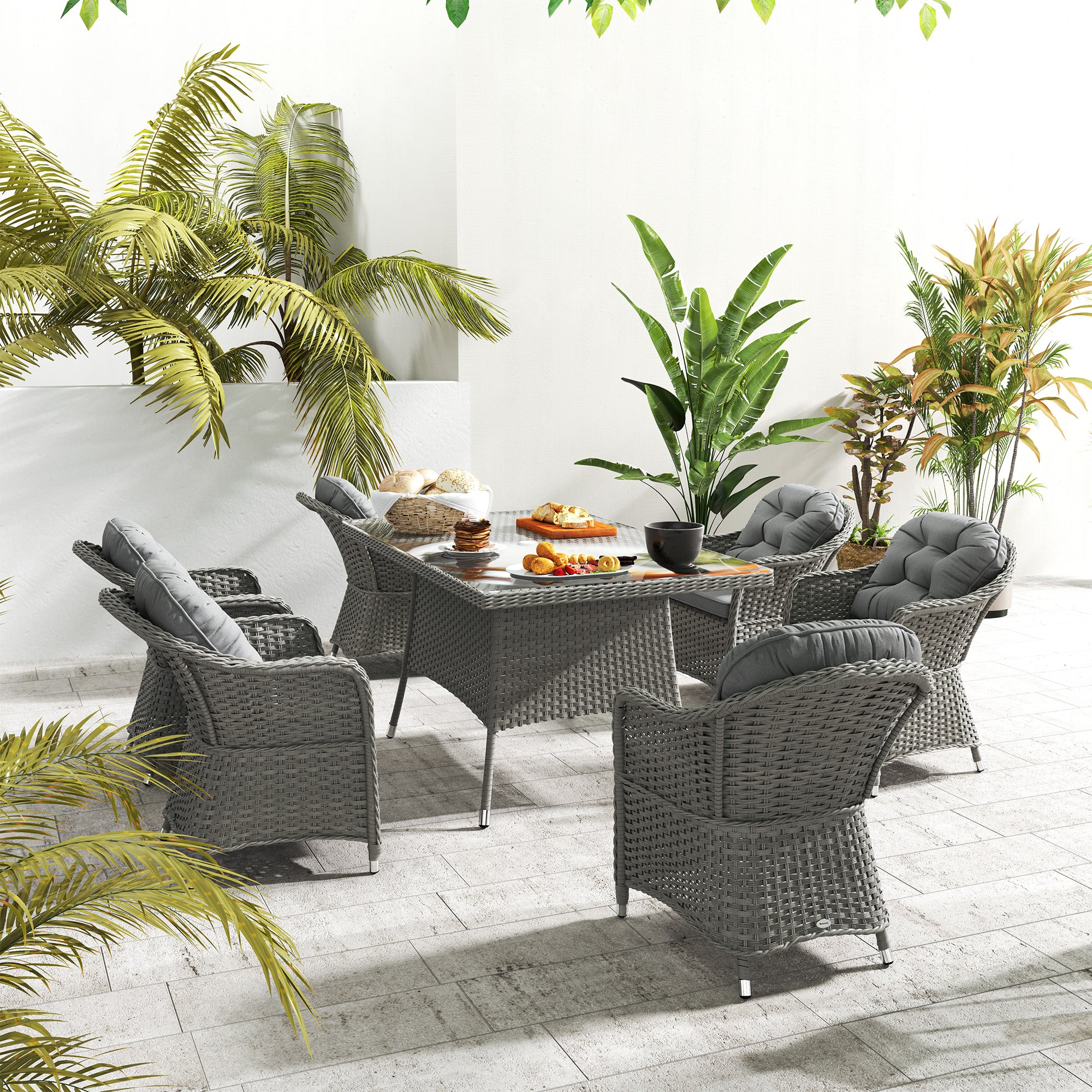 Outsunny 6-Seater Garden Dining Set with Cushions, Glass Table
