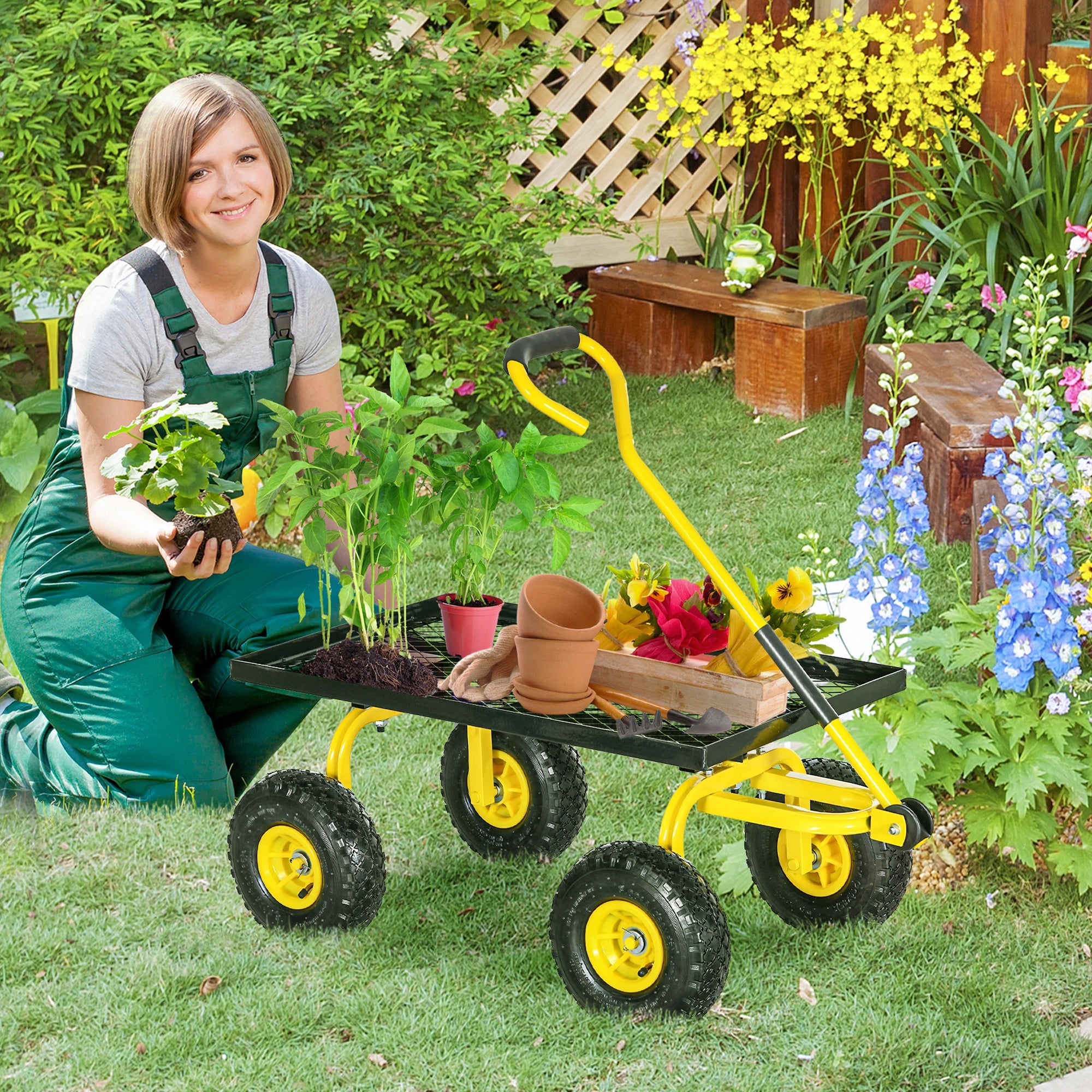 Outsunny Steel Garden Trolley Cart, 150kg, Pneumatic Wheels