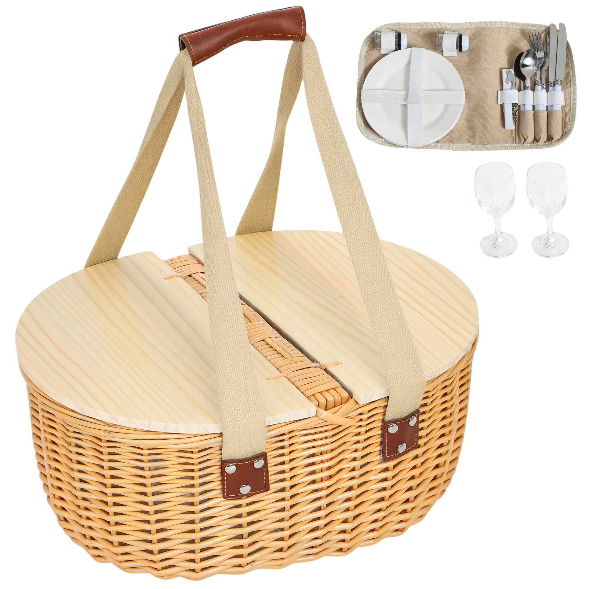 Outsunny Wicker Picnic Basket for 2 with Insulated Cooler Bag and Pine Wood Lid