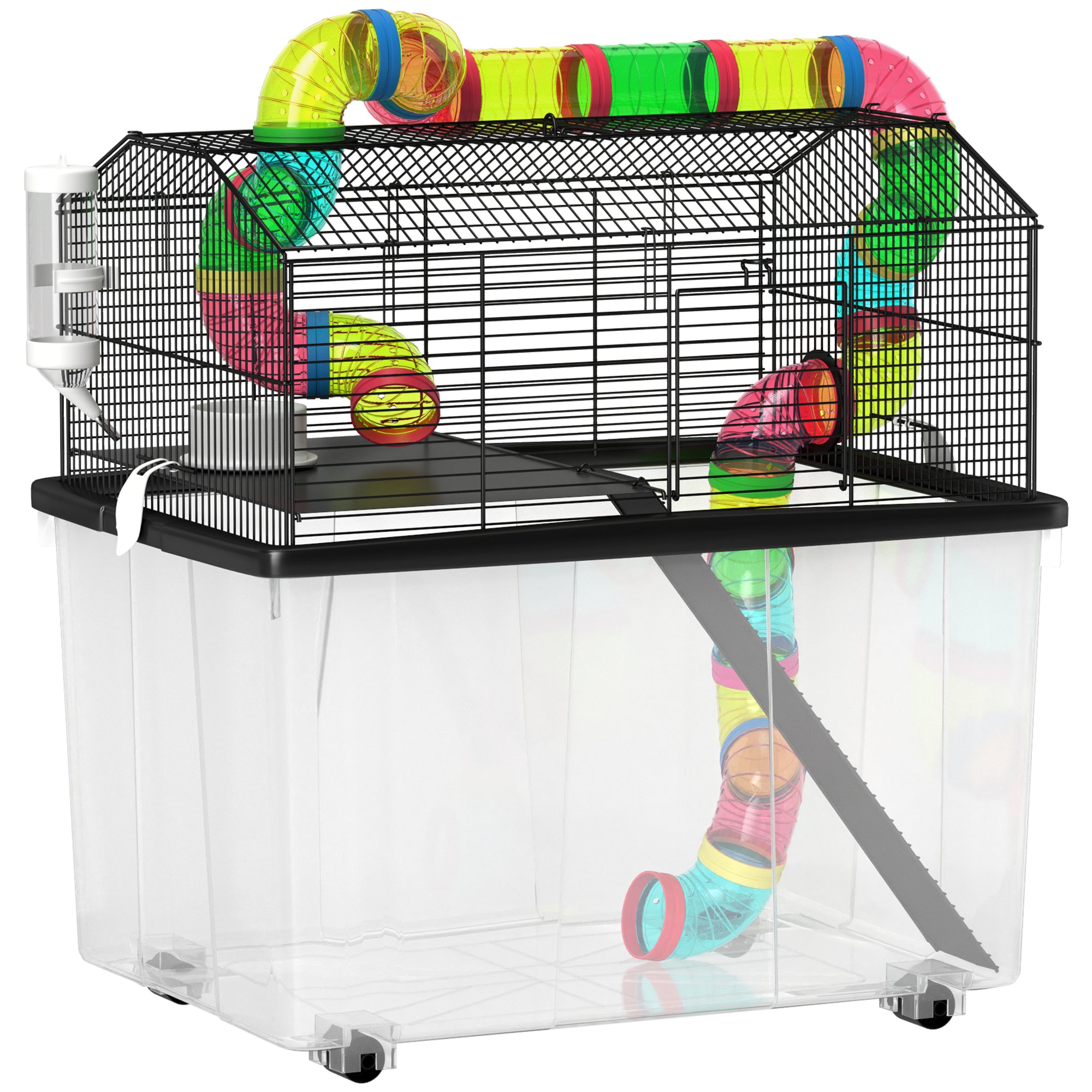 PawHut 2-Tier Hamster Cage with Tube System, 31cm Deep Tray, Wheels