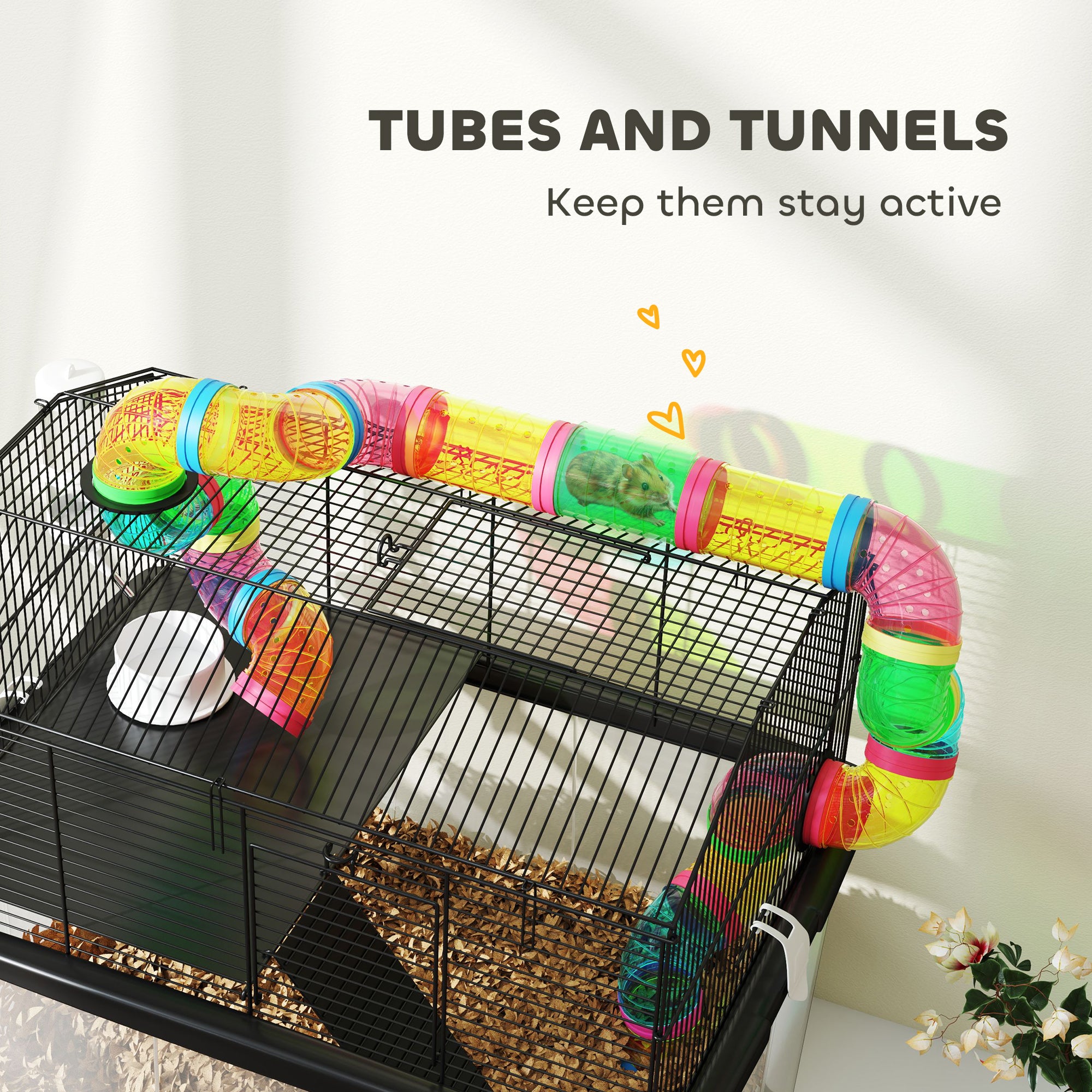 PawHut 2-Tier Hamster Cage with Tube System, 31cm Deep Tray, Wheels