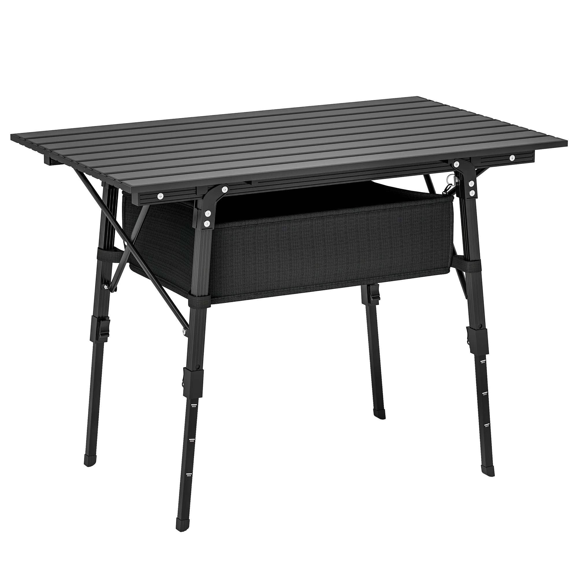 Outsunny Folding Camping Table, Adjustable Height, Storage Basket, Black
