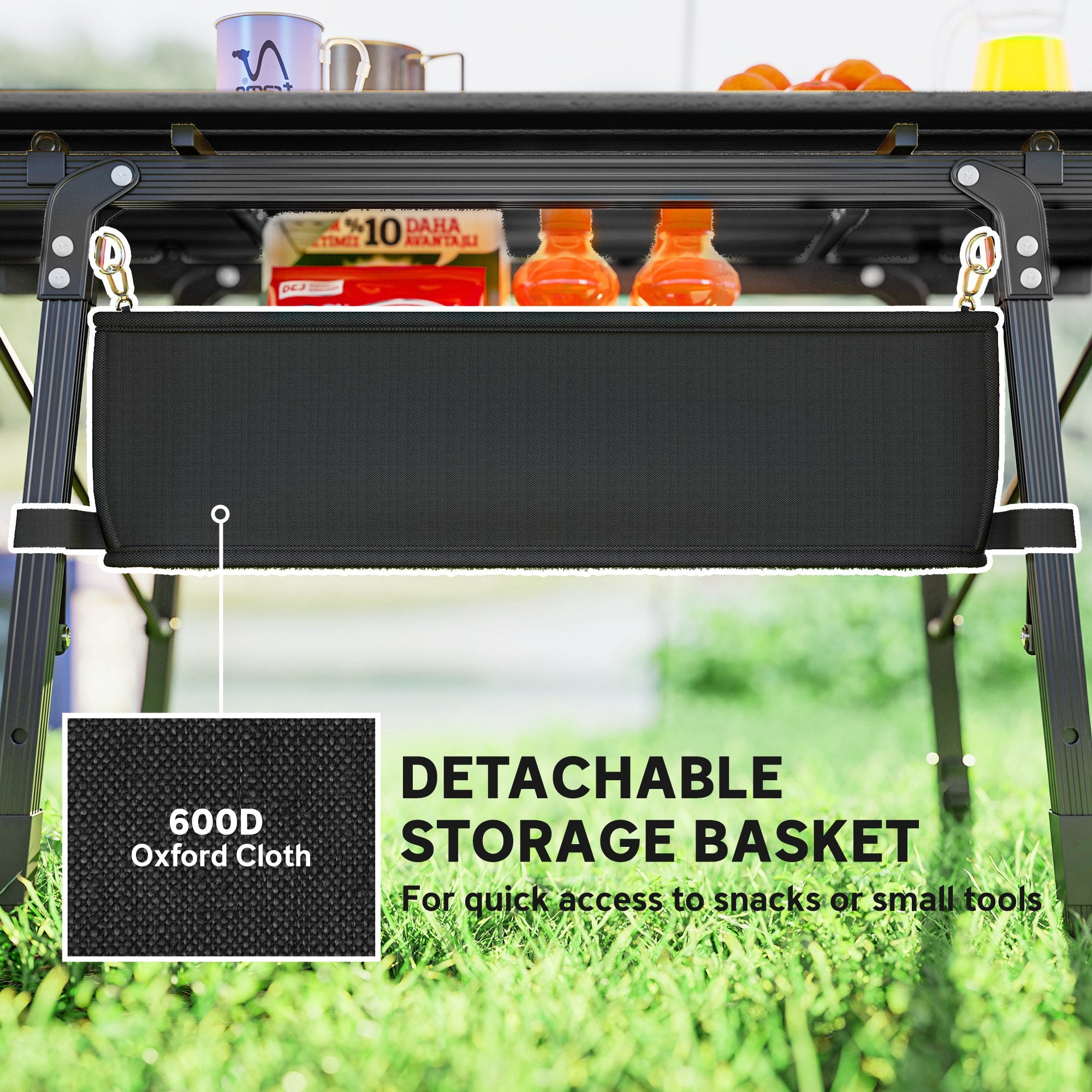 Outsunny Folding Camping Table, Adjustable Height, Storage Basket, Black