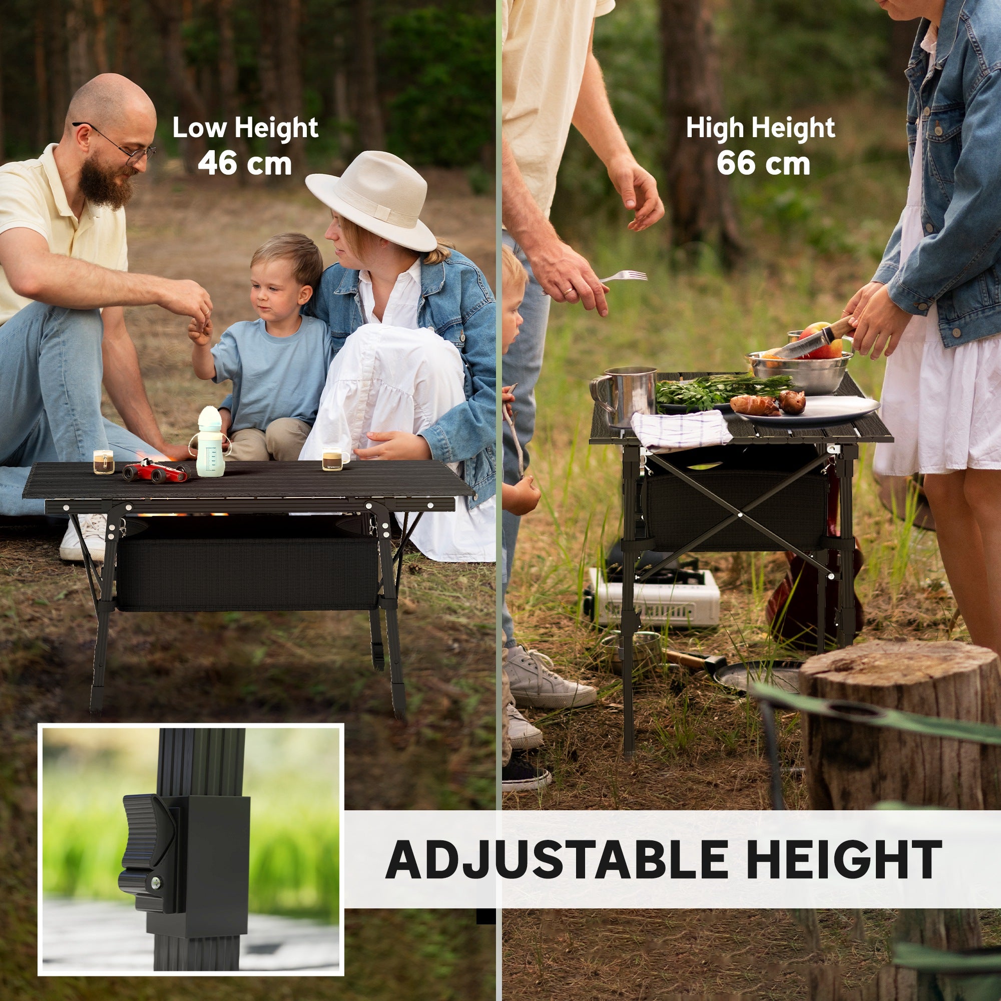 Outsunny Folding Camping Table, Adjustable Height, Storage Basket, Black