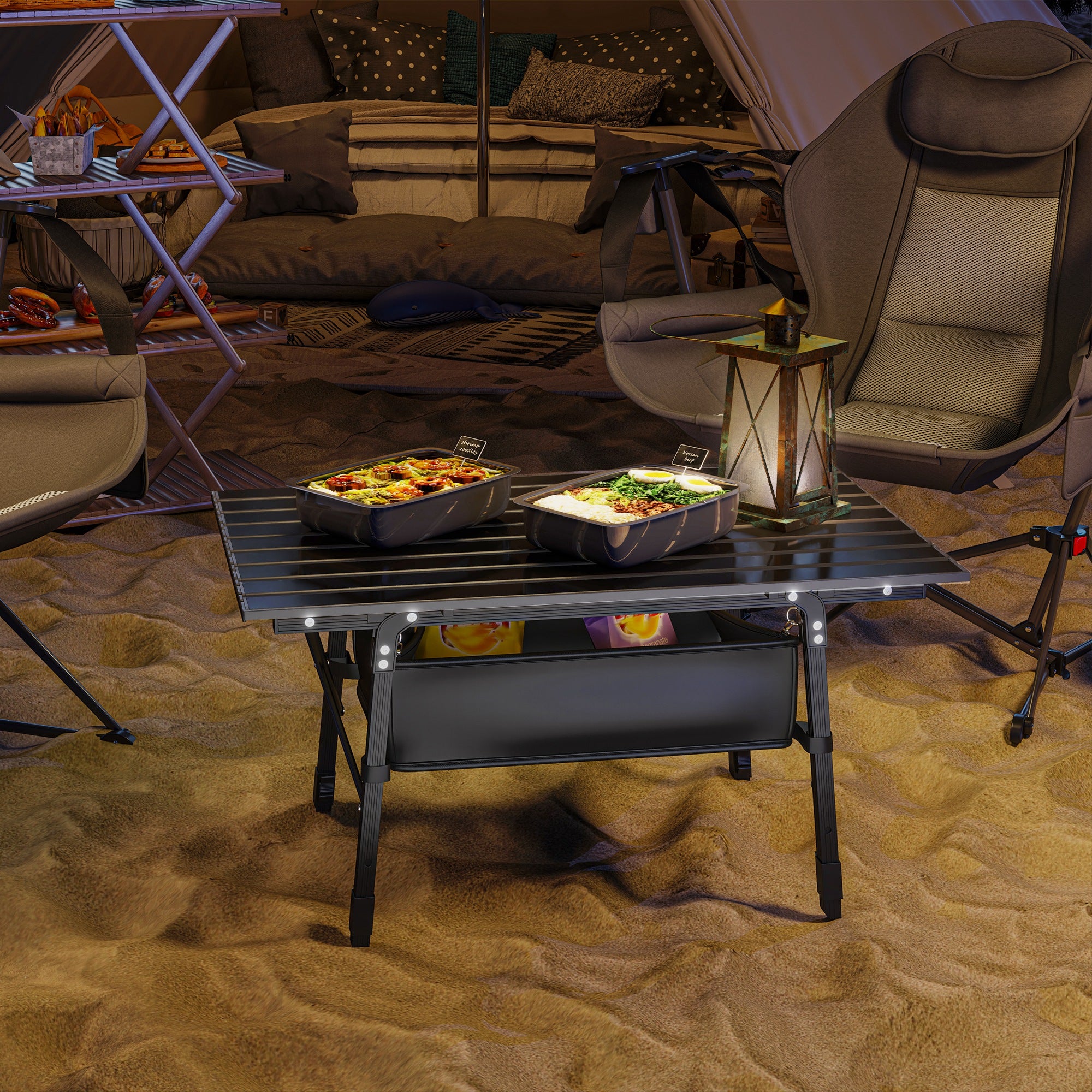 Outsunny Folding Camping Table, Adjustable Height, Storage Basket, Black