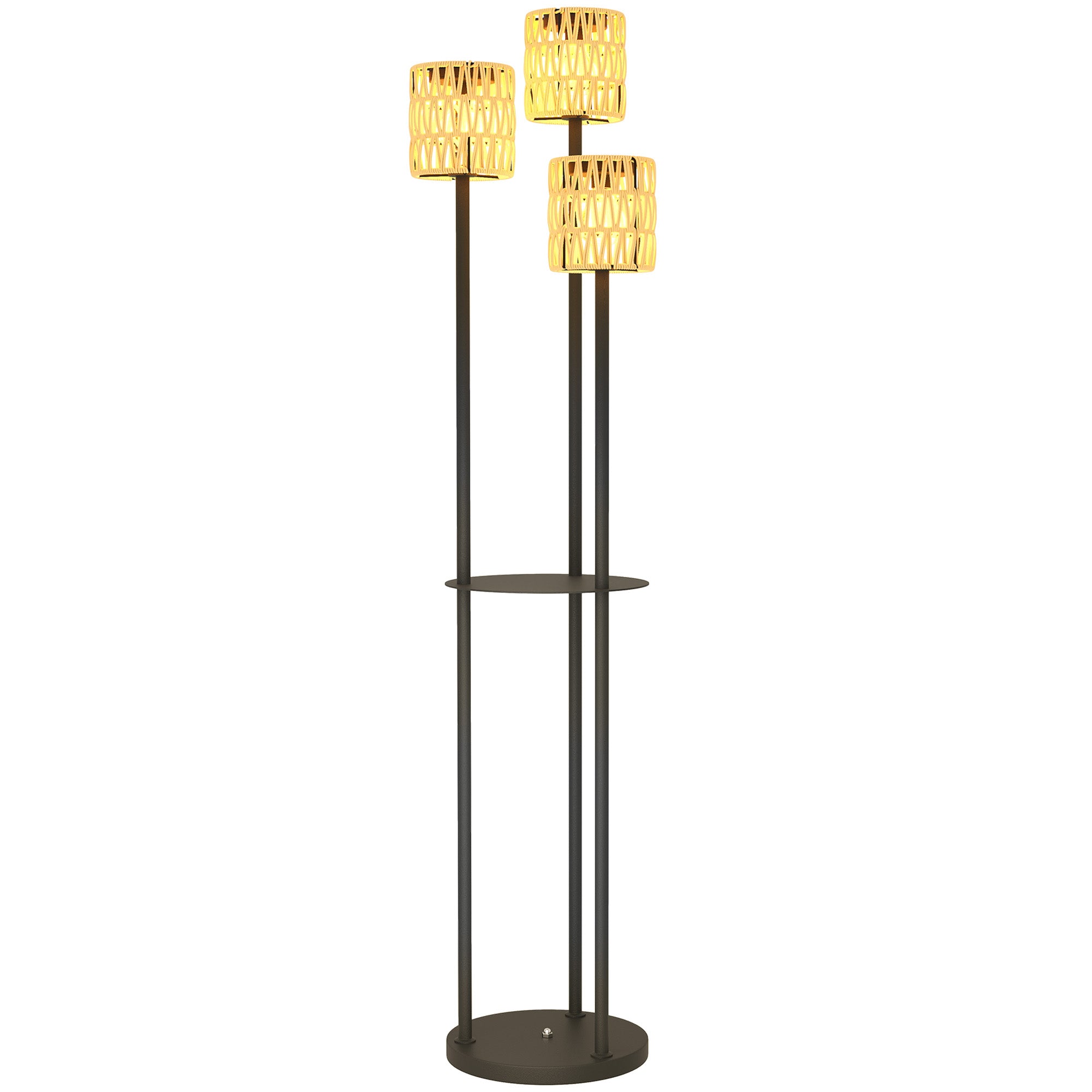 Outsunny 3-Light Solar Rattan Floor Lamp with Shelf, Auto On/Off