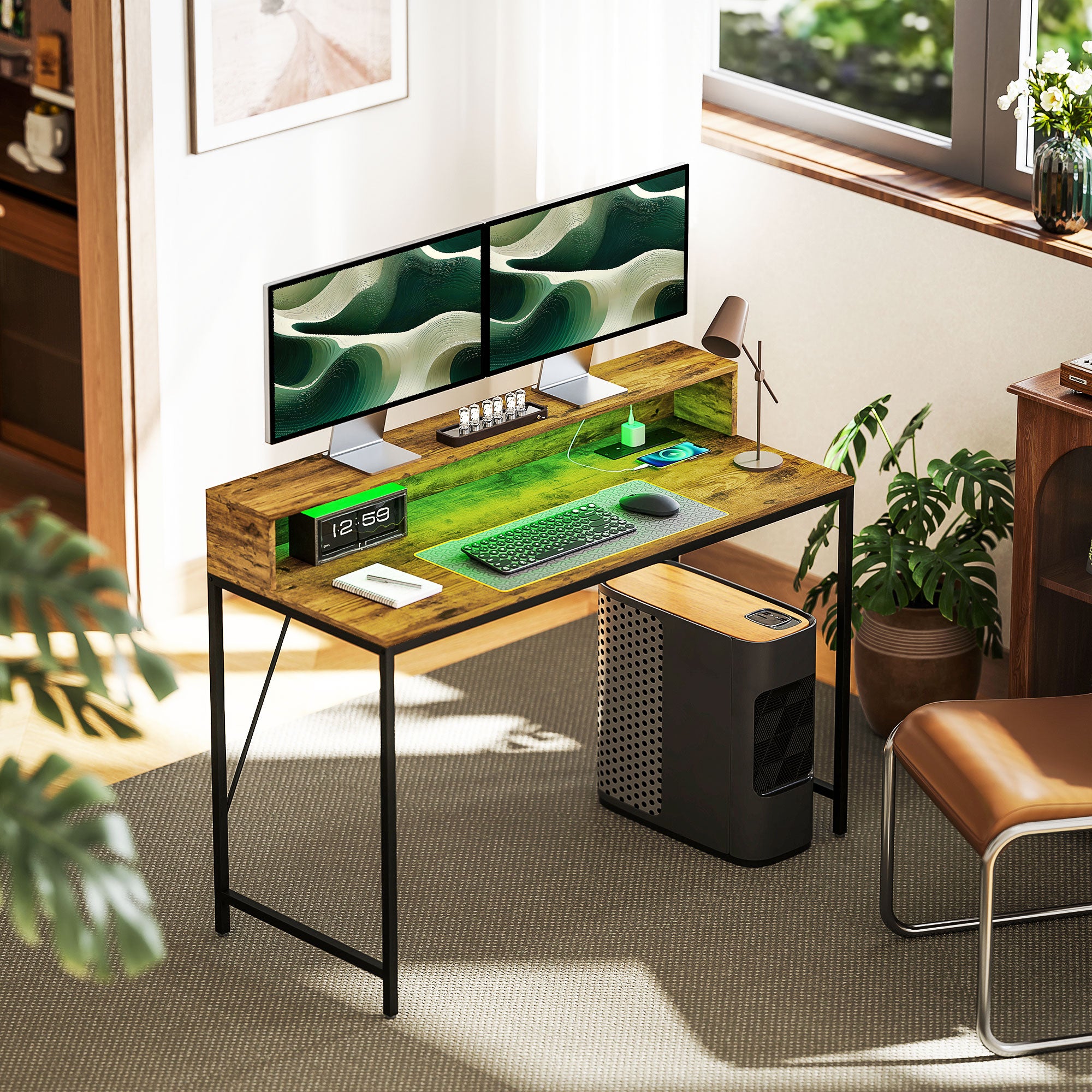 HOMCOM LED Computer Desk with Shelf and Monitor Stand, Rustic Brown