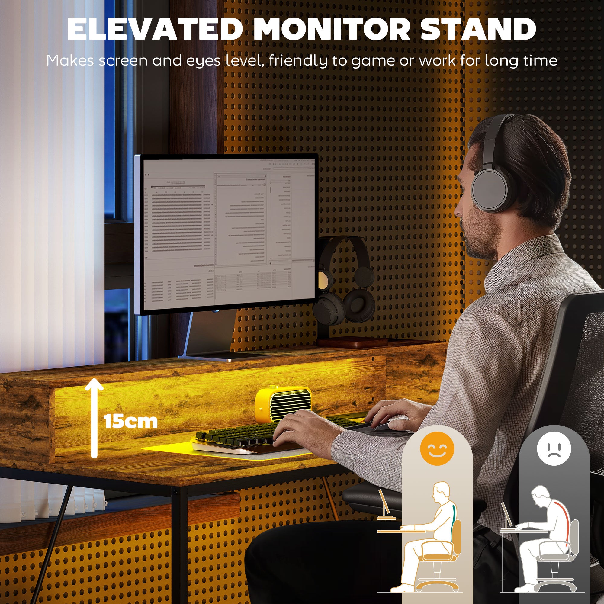 HOMCOM LED Computer Desk with Shelf and Monitor Stand, Rustic Brown