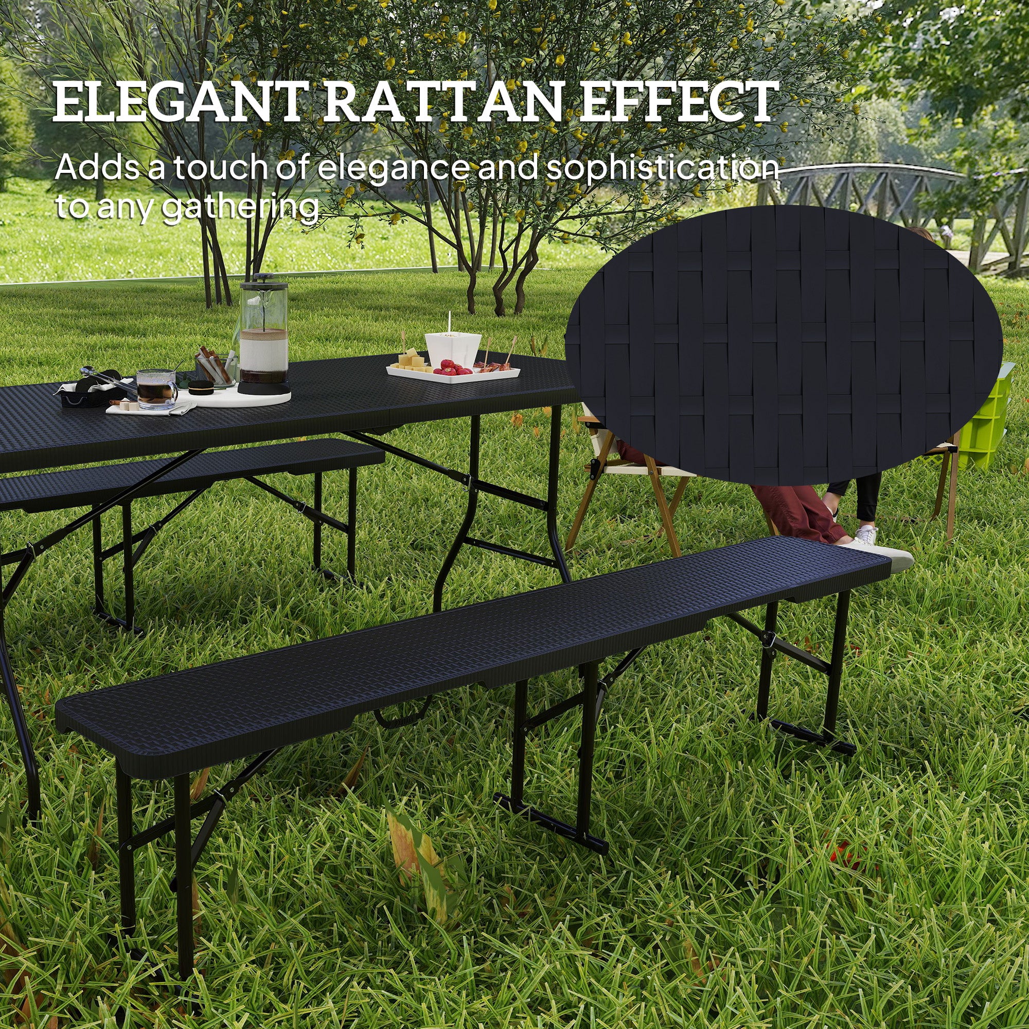 Outsunny Rattan Effect Folding Picnic Table & Bench Set, Black