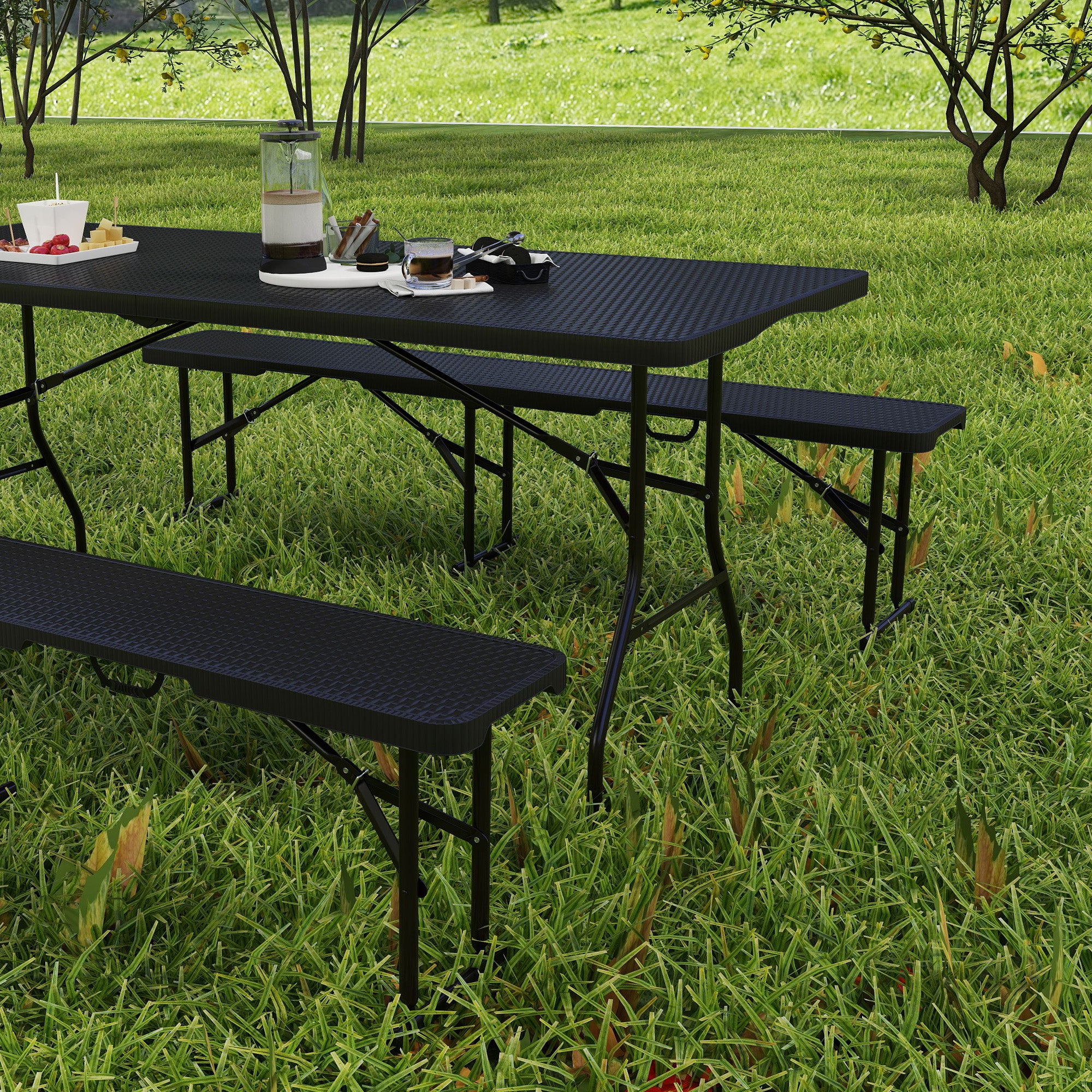Outsunny Rattan Effect Folding Picnic Table & Bench Set, Black