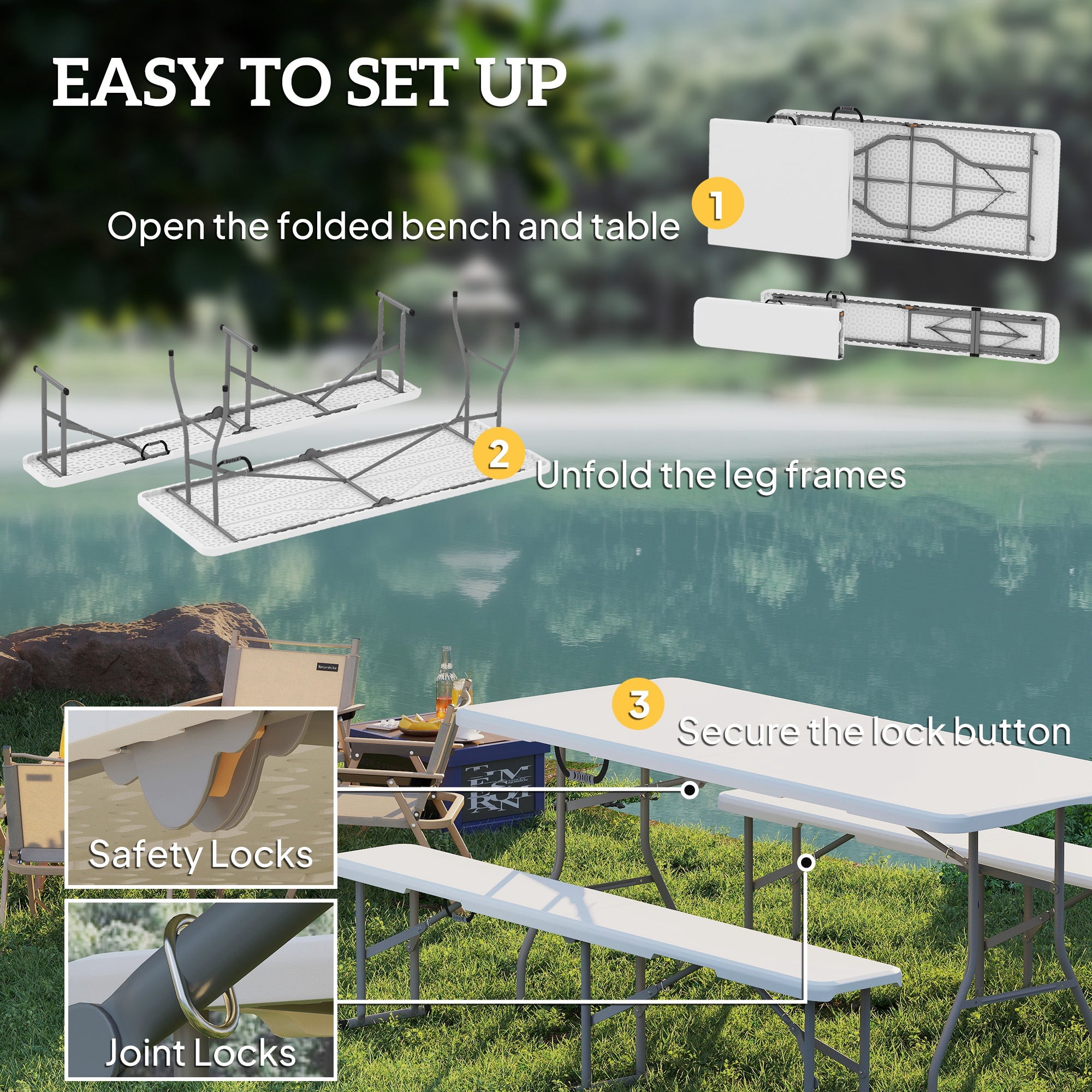 Outsunny 3-Piece Folding Picnic Table and Bench Set with Handles