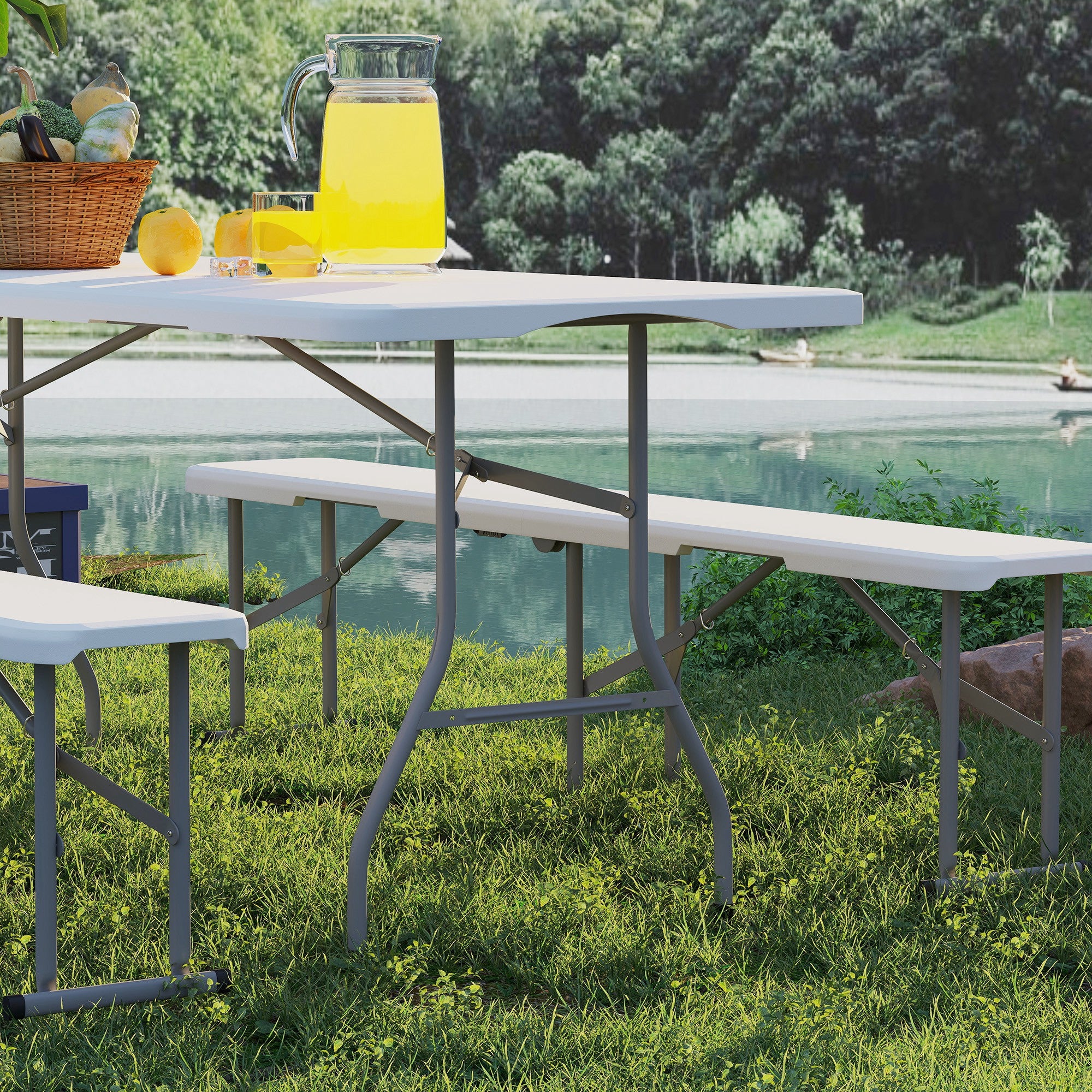 Outsunny 3-Piece Folding Picnic Table and Bench Set with Handles