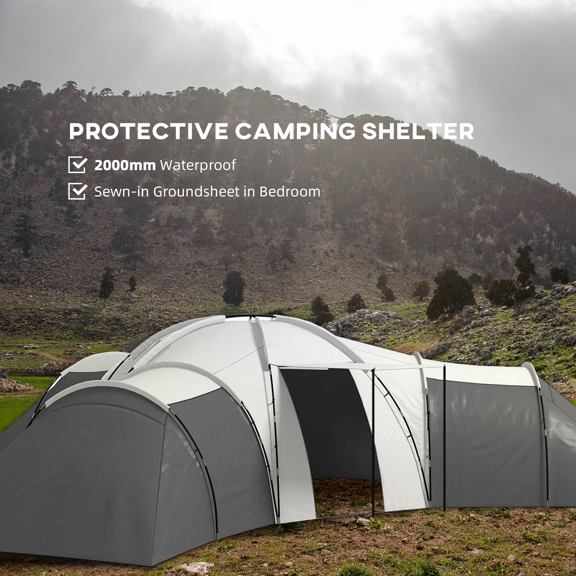 Outsunny 3-Bedroom Tunnel Tent with Living Area & Porch, Grey