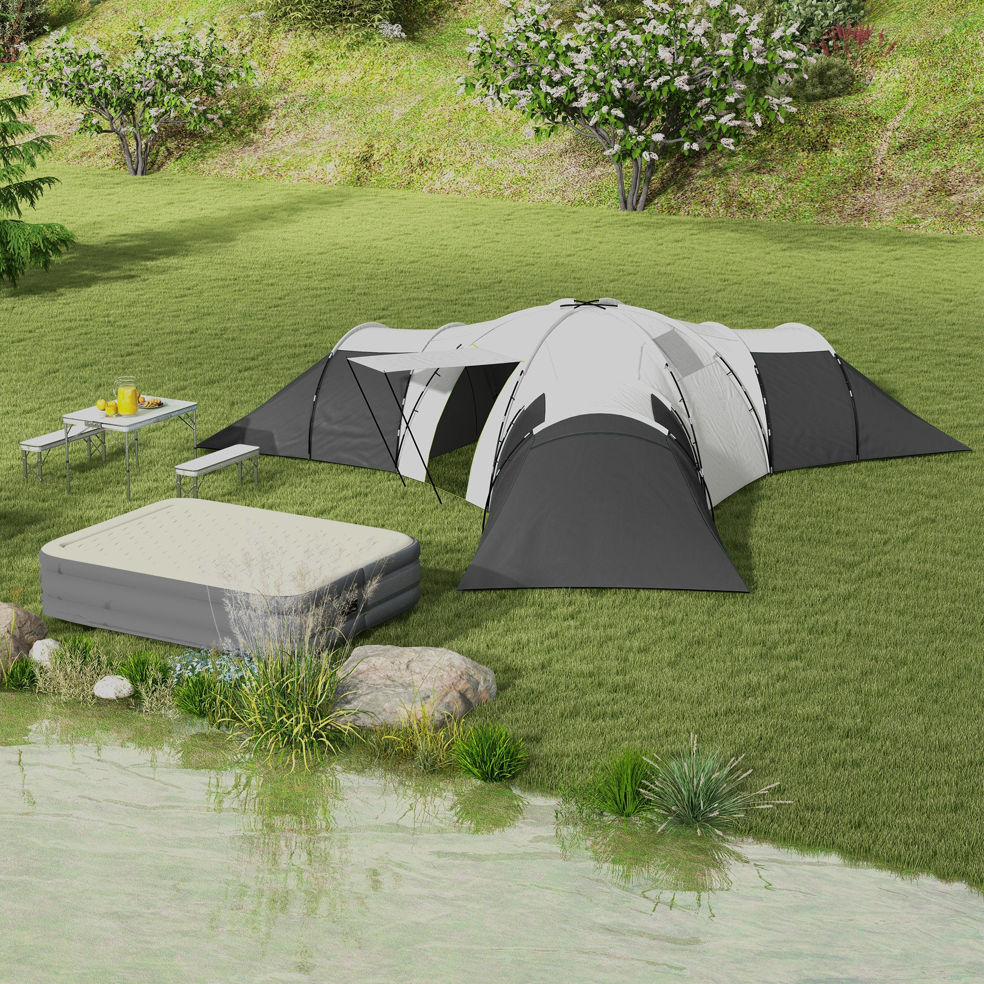 Outsunny 3-Bedroom Tunnel Tent with Living Area & Porch, Grey