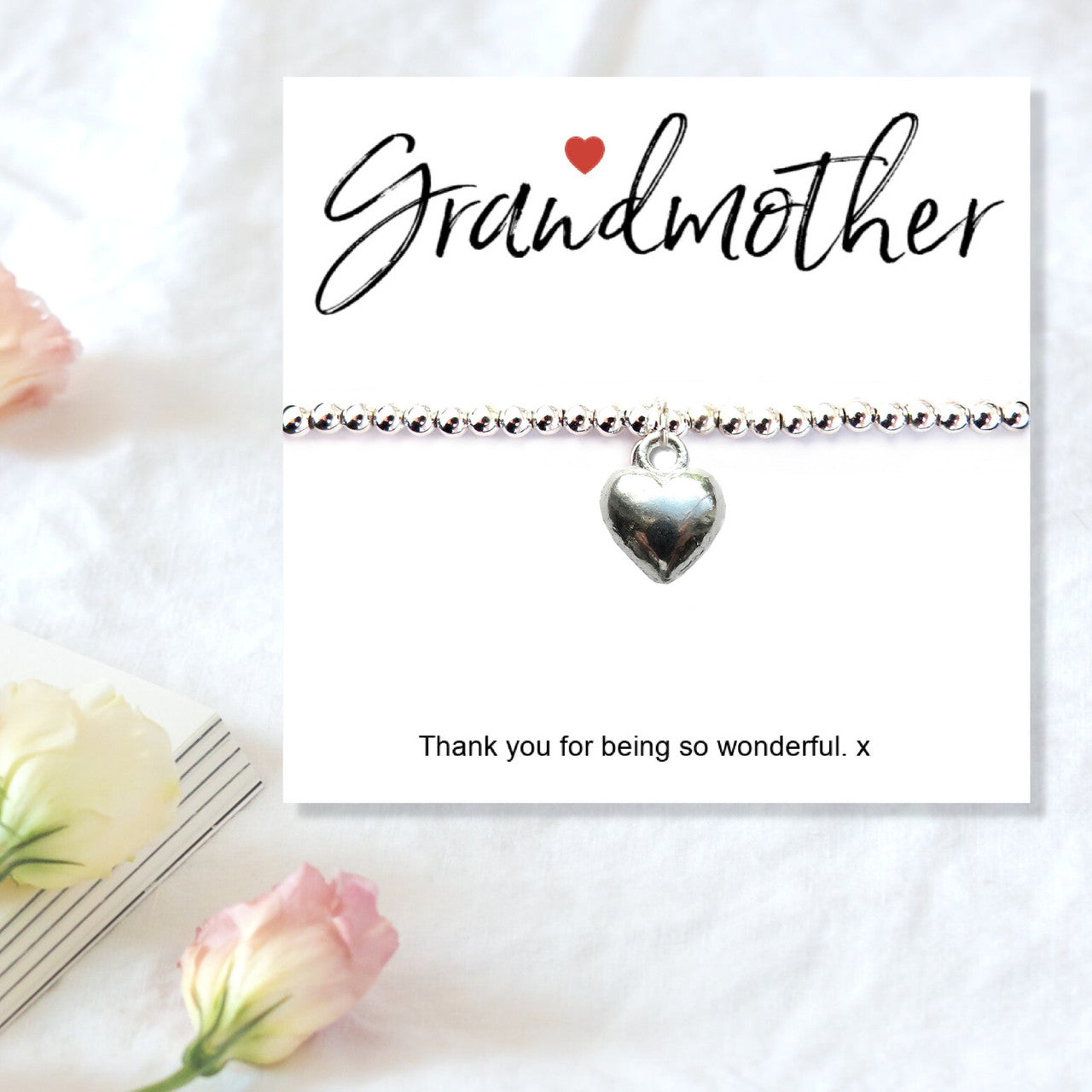 Grandmother Heart Charm Bracelet Gift Card with “Thank You for Being So Wonderful” Message