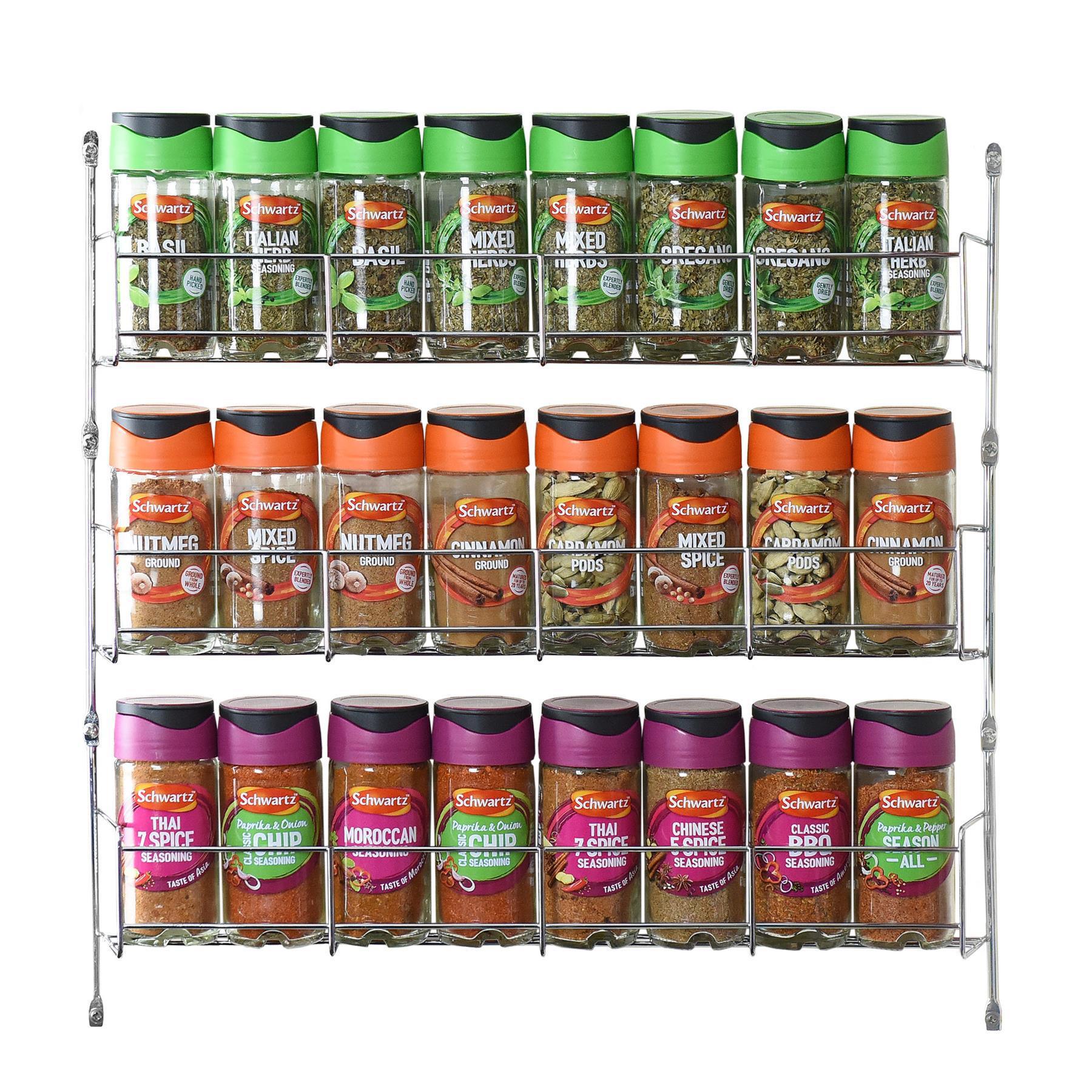 Vinsani 3 Tier Chrome Herb and Spice Rack Organiser, Wall or Cupboard Door Mount, Holds Up to 24 Spice Jars